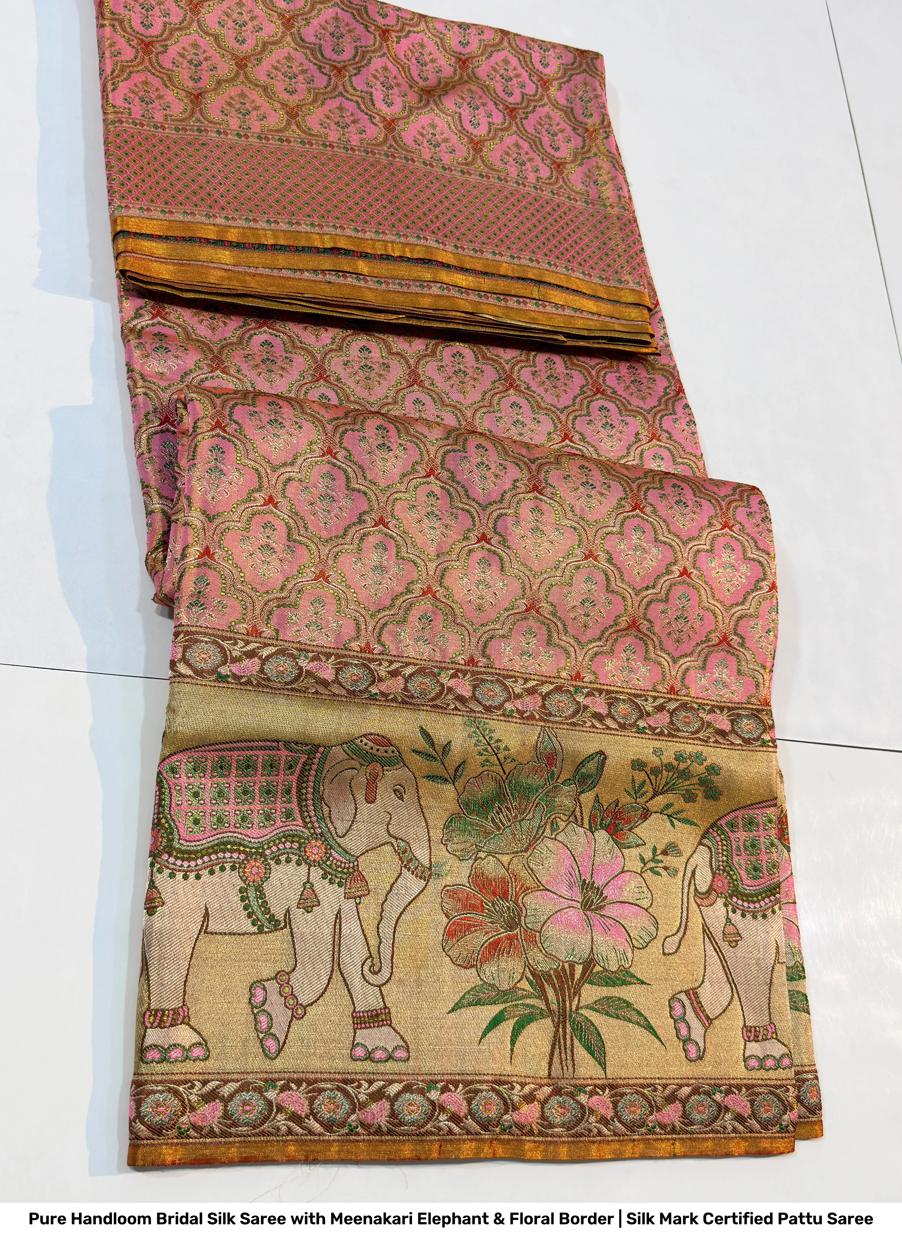 Pure Handloom Bridal Silk Saree with Meenakari Elephant & Floral Border | Silk Mark Certified Pattu Saree 2