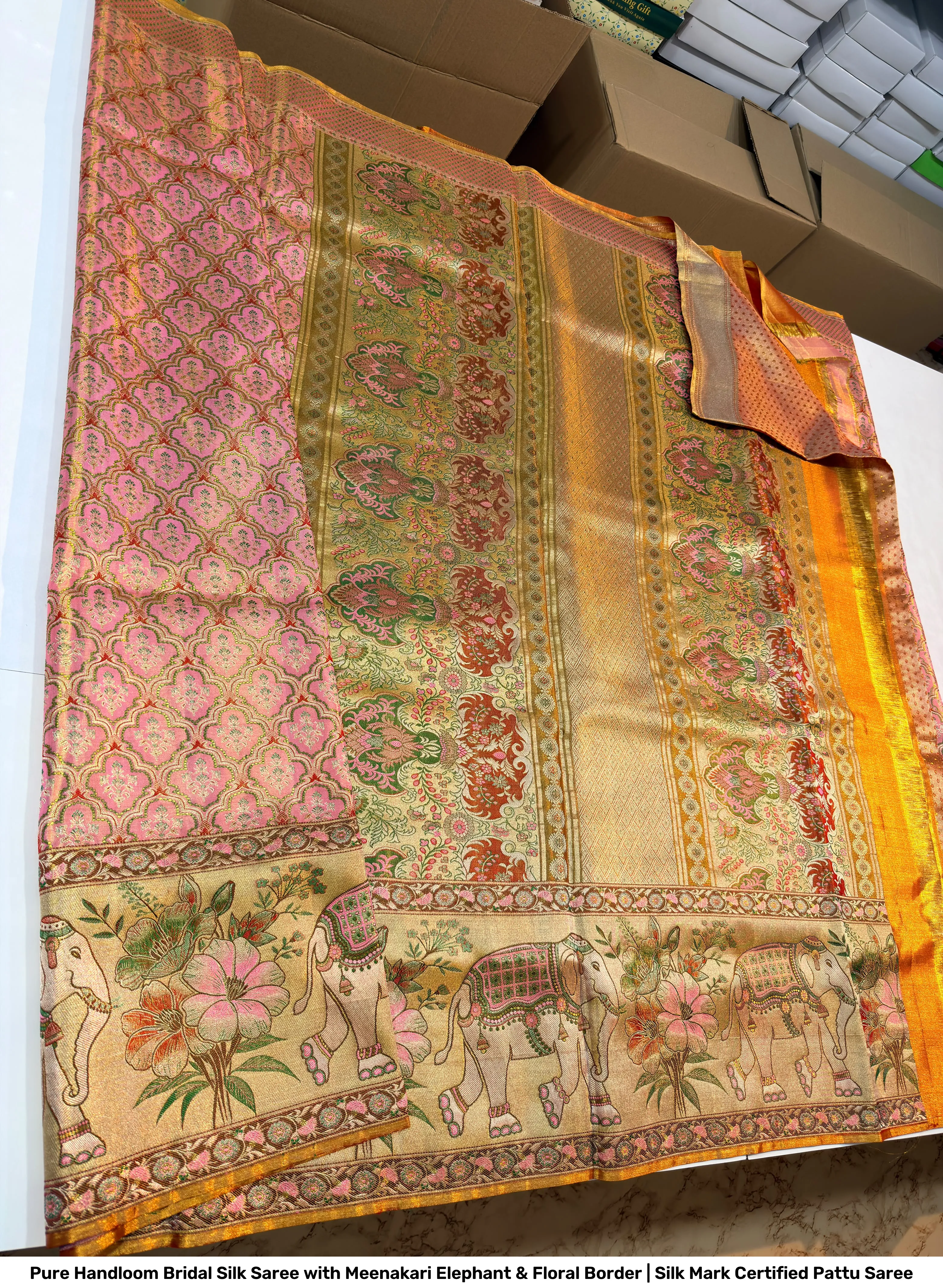 Pure Handloom Bridal Silk Saree with Meenakari Elephant & Floral Border | Silk Mark Certified Pattu Saree 3