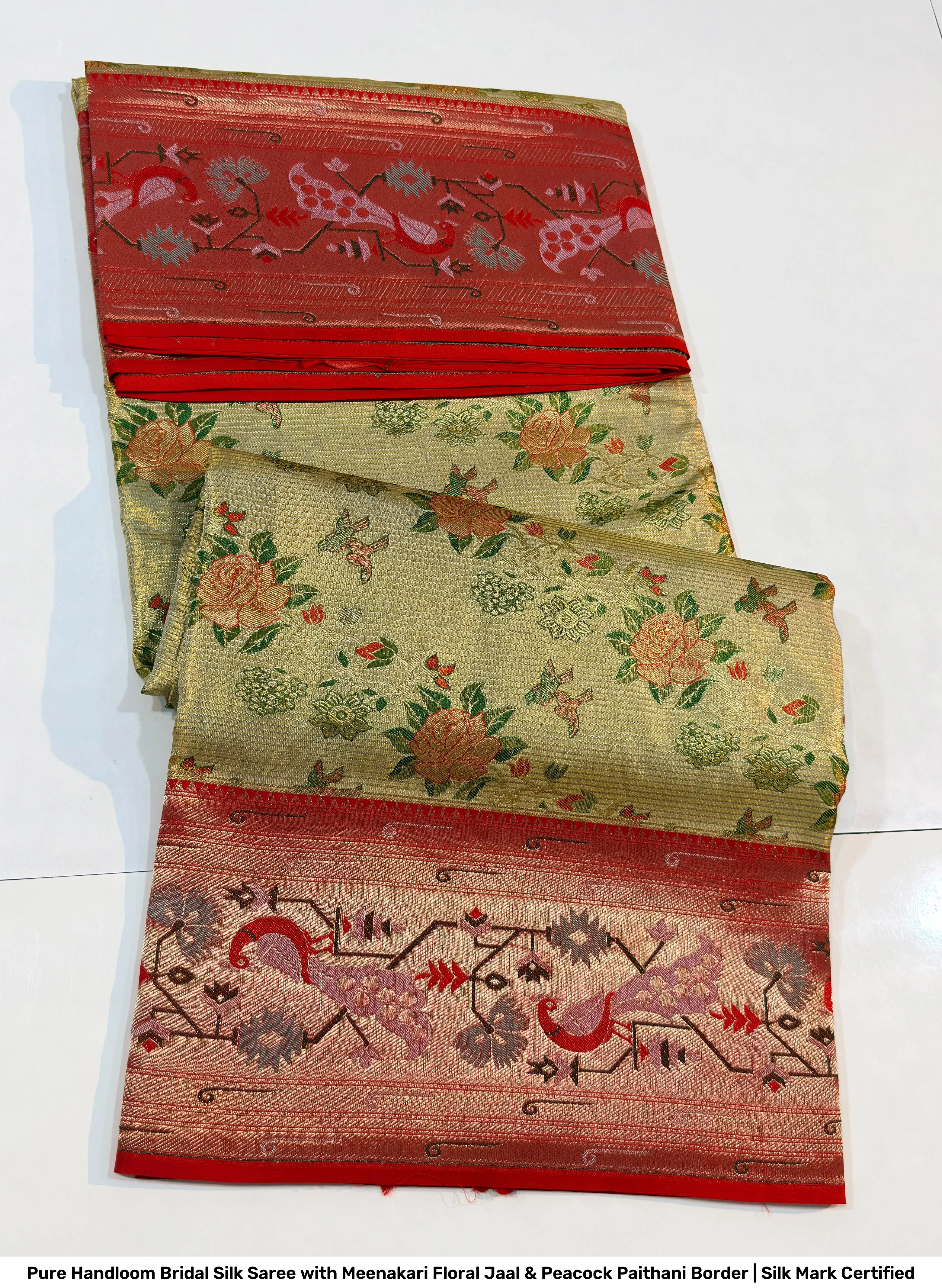 Pure Handloom Bridal Silk Saree with Meenakari Floral Jaal & Peacock Paithani Border | Silk Mark Certified 2