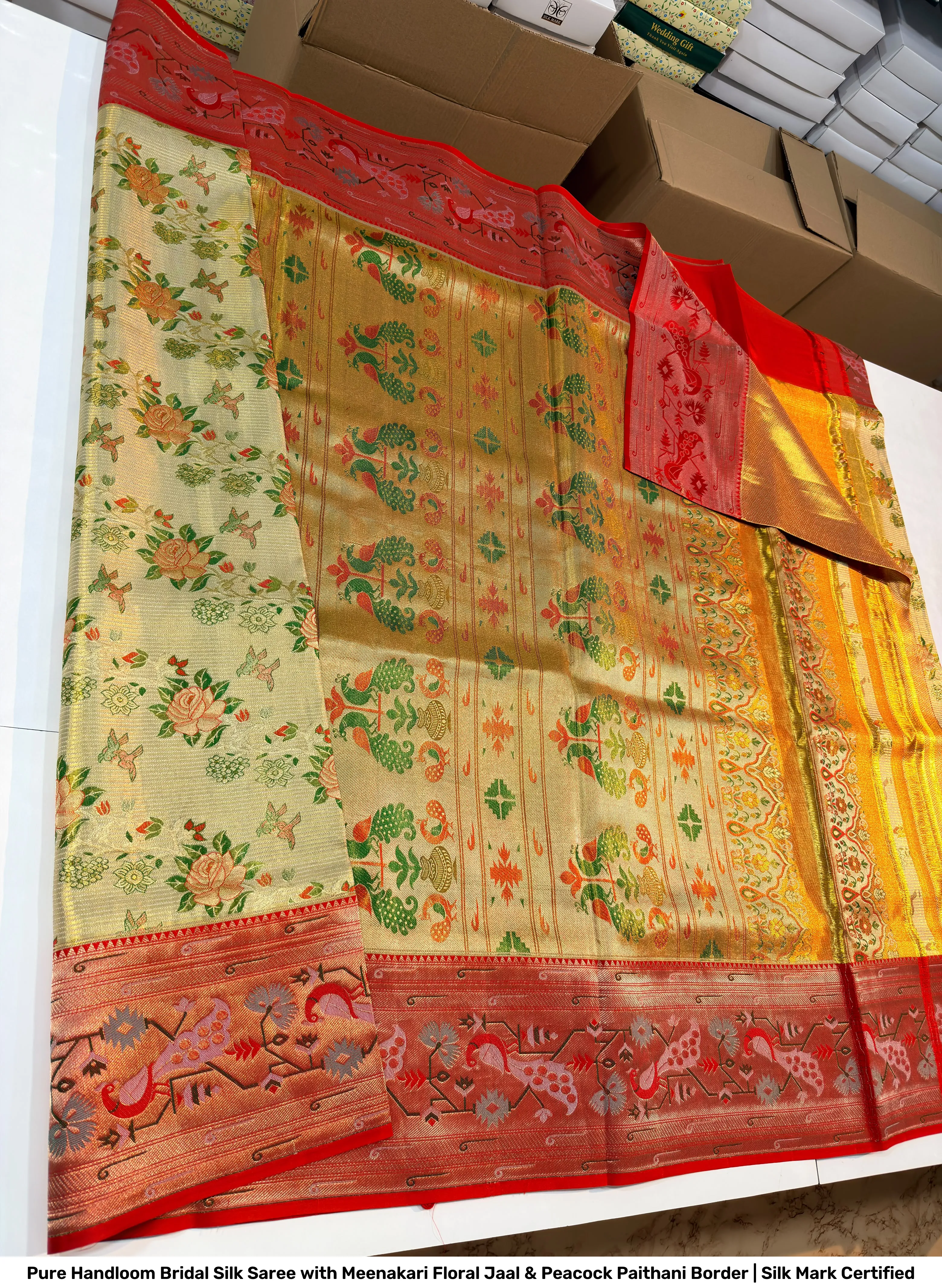 Pure Handloom Bridal Silk Saree with Meenakari Floral Jaal & Peacock Paithani Border | Silk Mark Certified 3