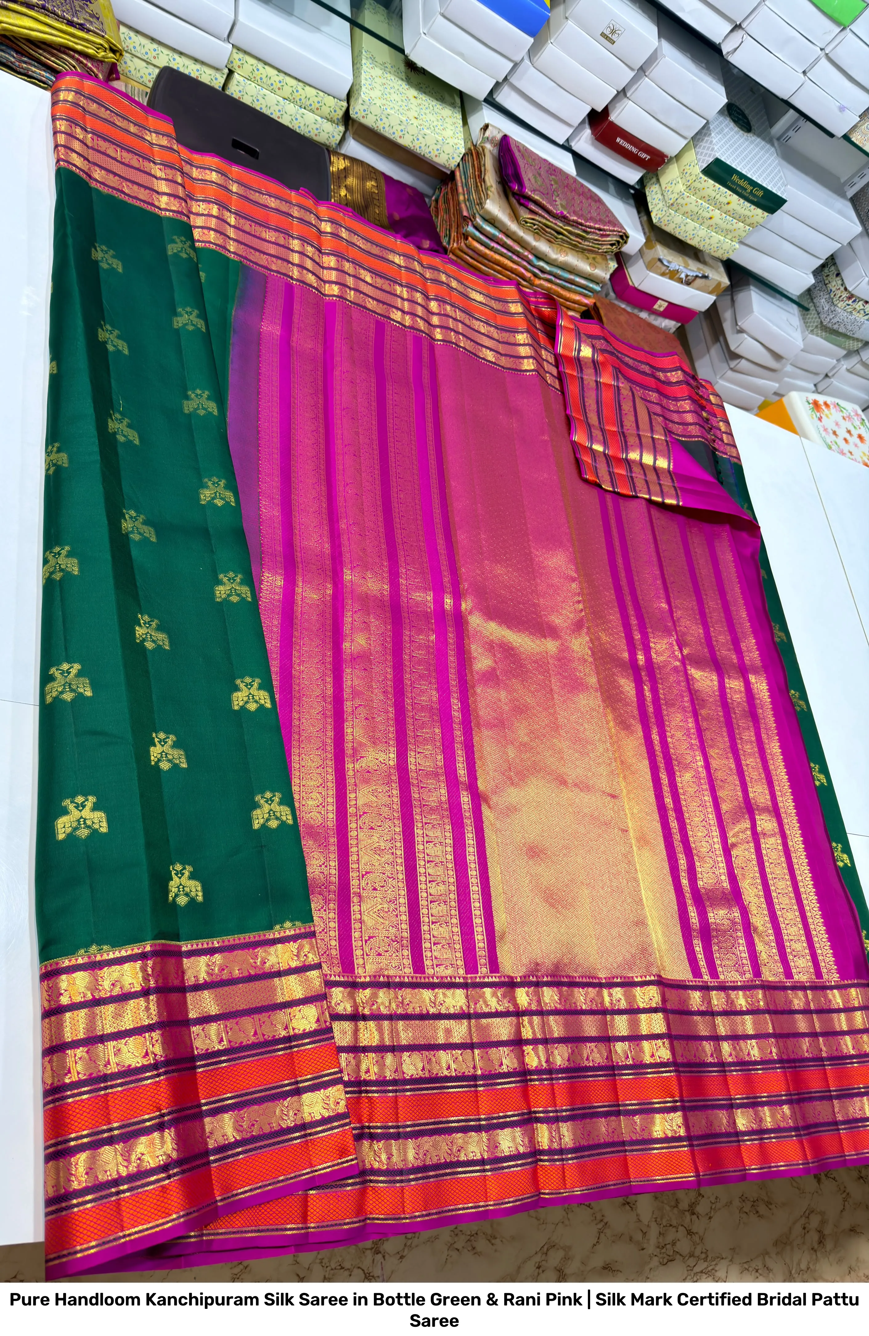 Pure Handloom Kanchipuram Silk Saree in Bottle Green & Rani Pink | Silk Mark Certified Bridal Pattu Saree 2