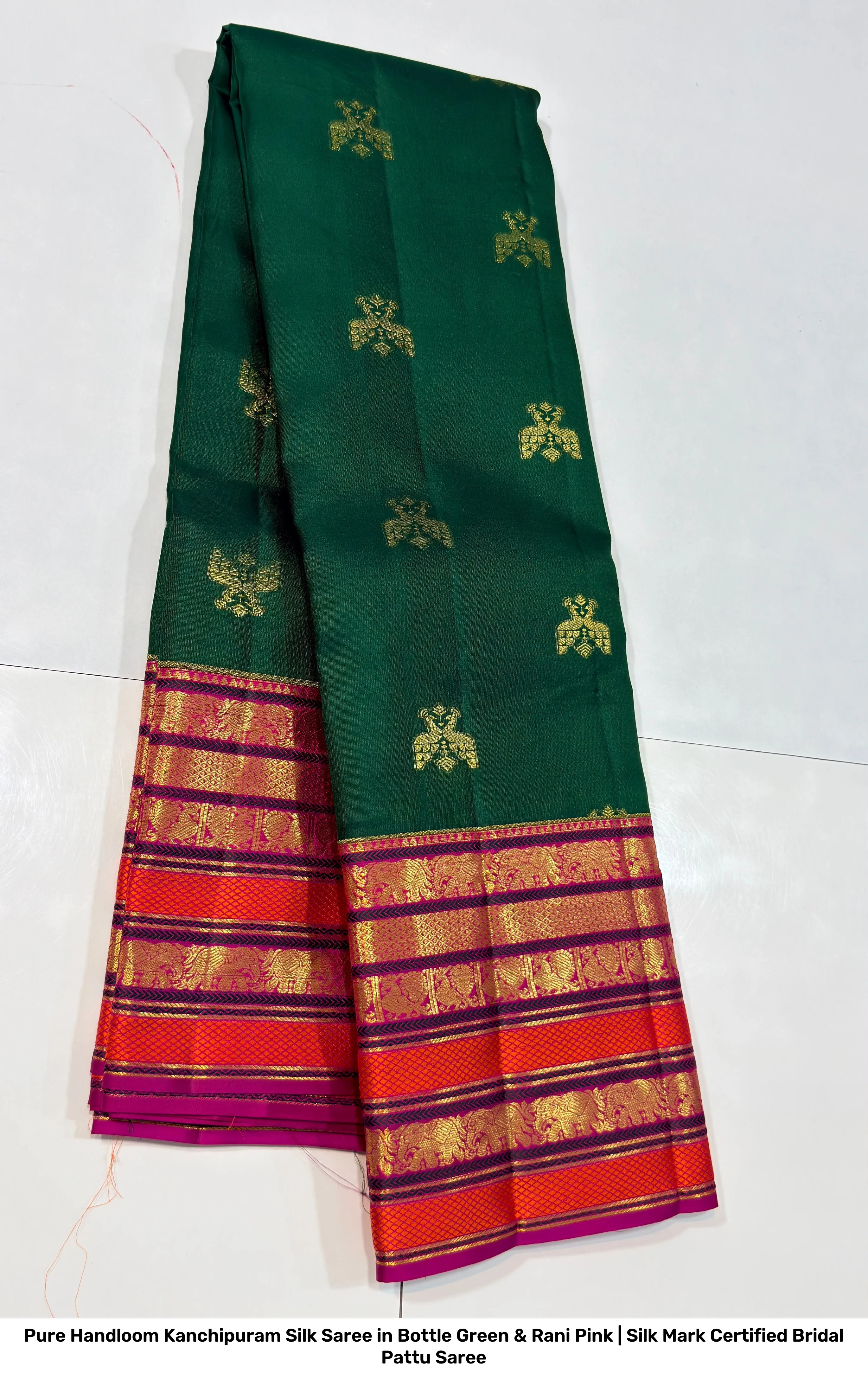 Pure Handloom Kanchipuram Silk Saree in Bottle Green & Rani Pink | Silk Mark Certified Bridal Pattu Saree 3