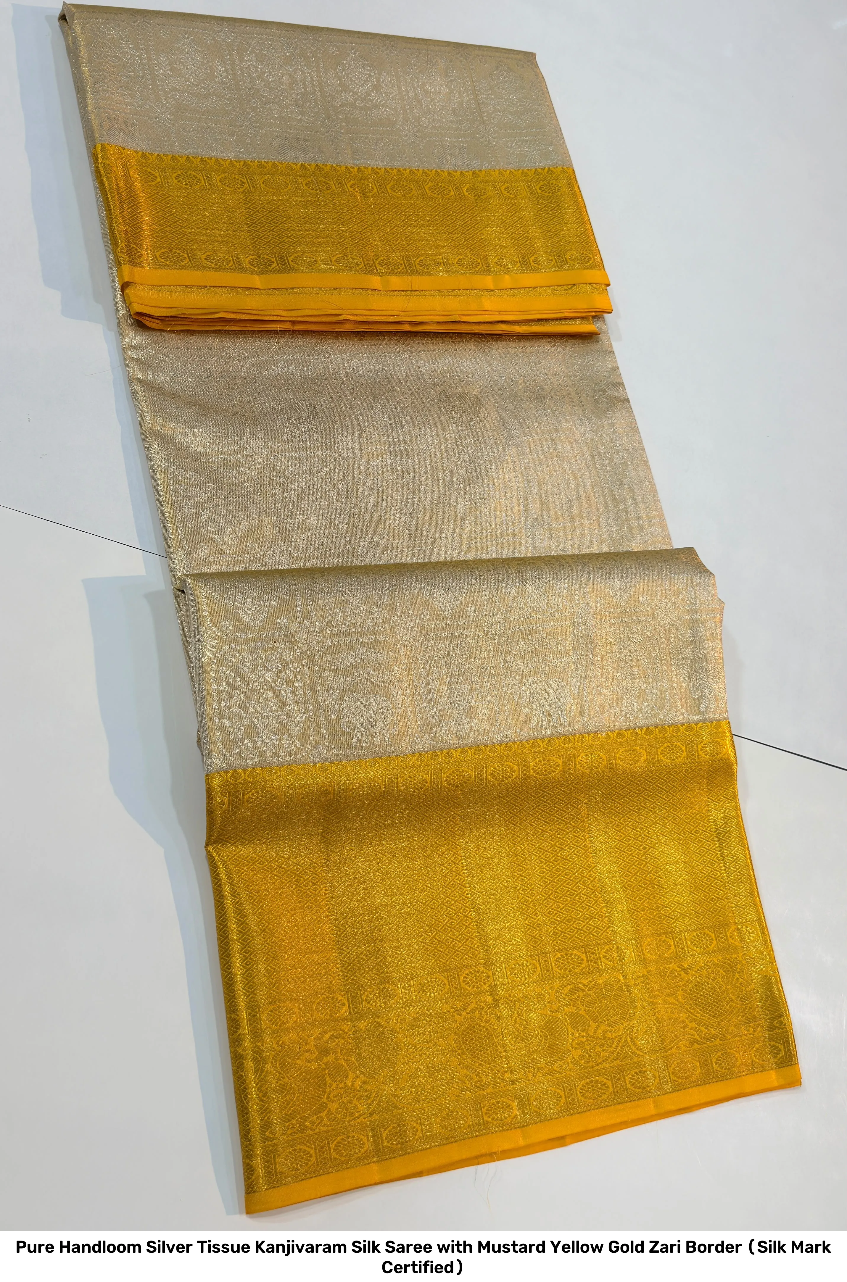 Pure Handloom Silver Tissue Kanjivaram Silk Saree with Mustard Yellow Gold Zari Border (Silk Mark Certified) 2