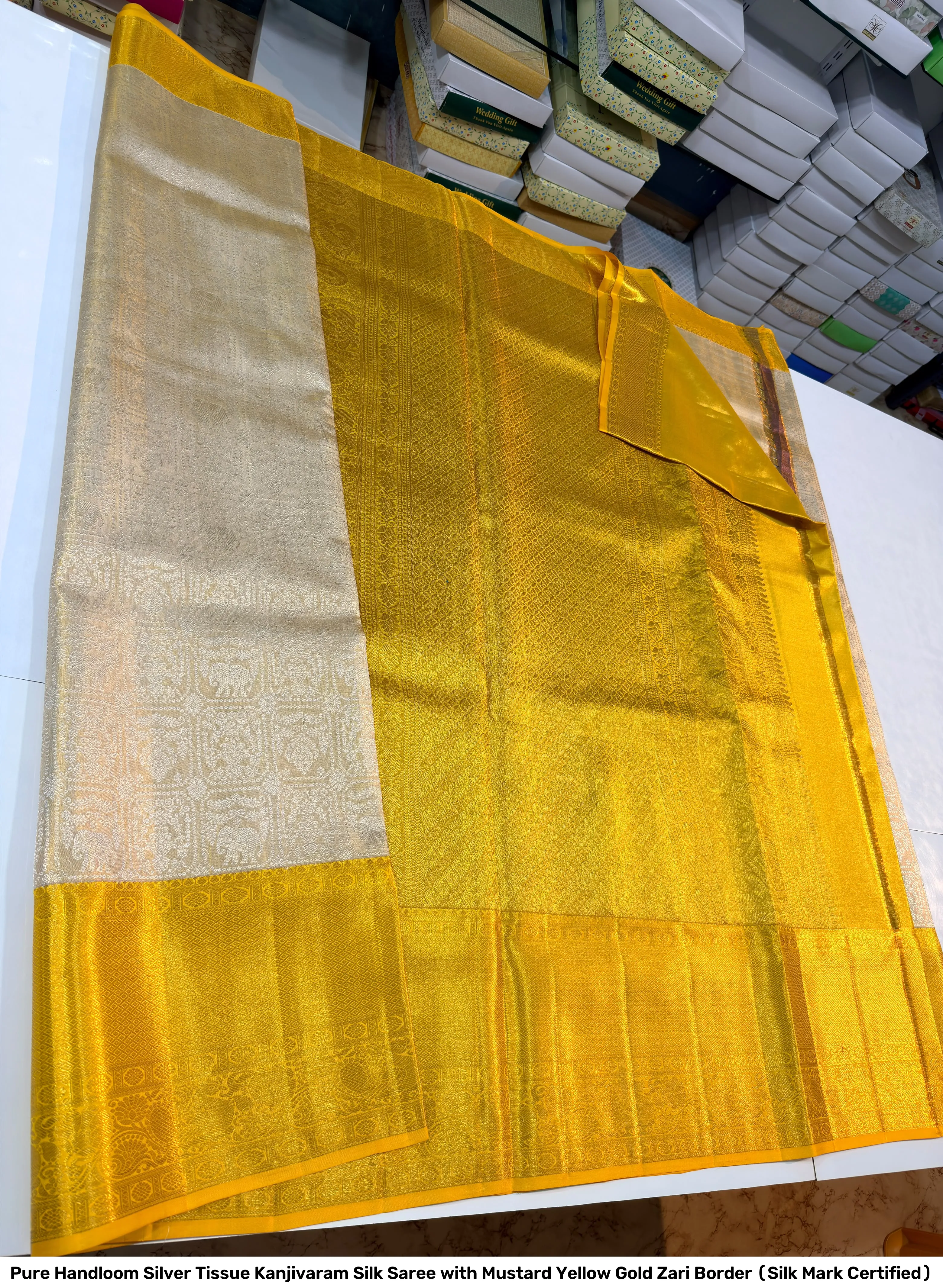 Pure Handloom Silver Tissue Kanjivaram Silk Saree with Mustard Yellow Gold Zari Border (Silk Mark Certified) 3