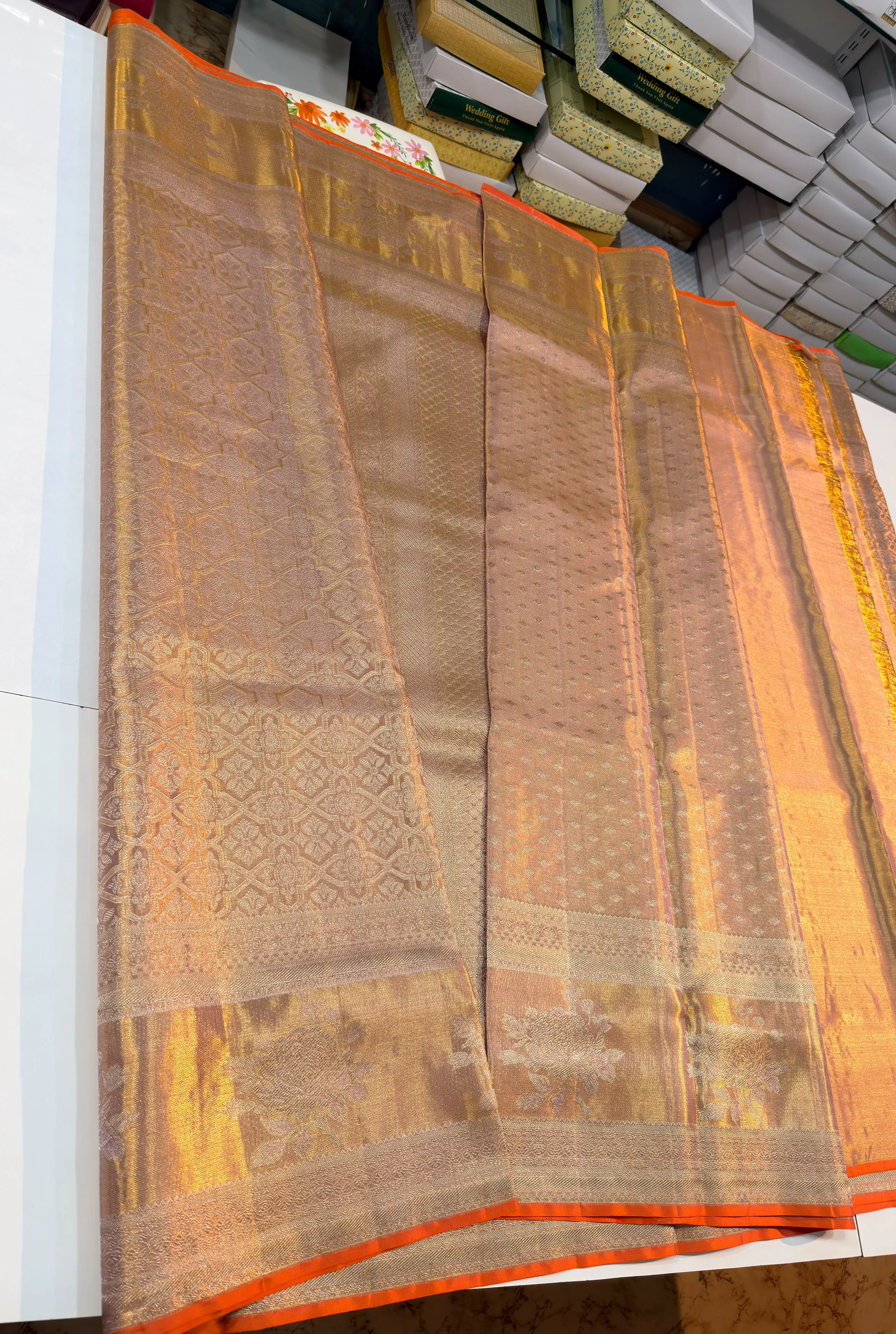 Pure Handloom Tissue Kanjivaram Silk Saree with All-Over Zari Brocade & Contrast Orange Piping Border (Silk Mark Certified)