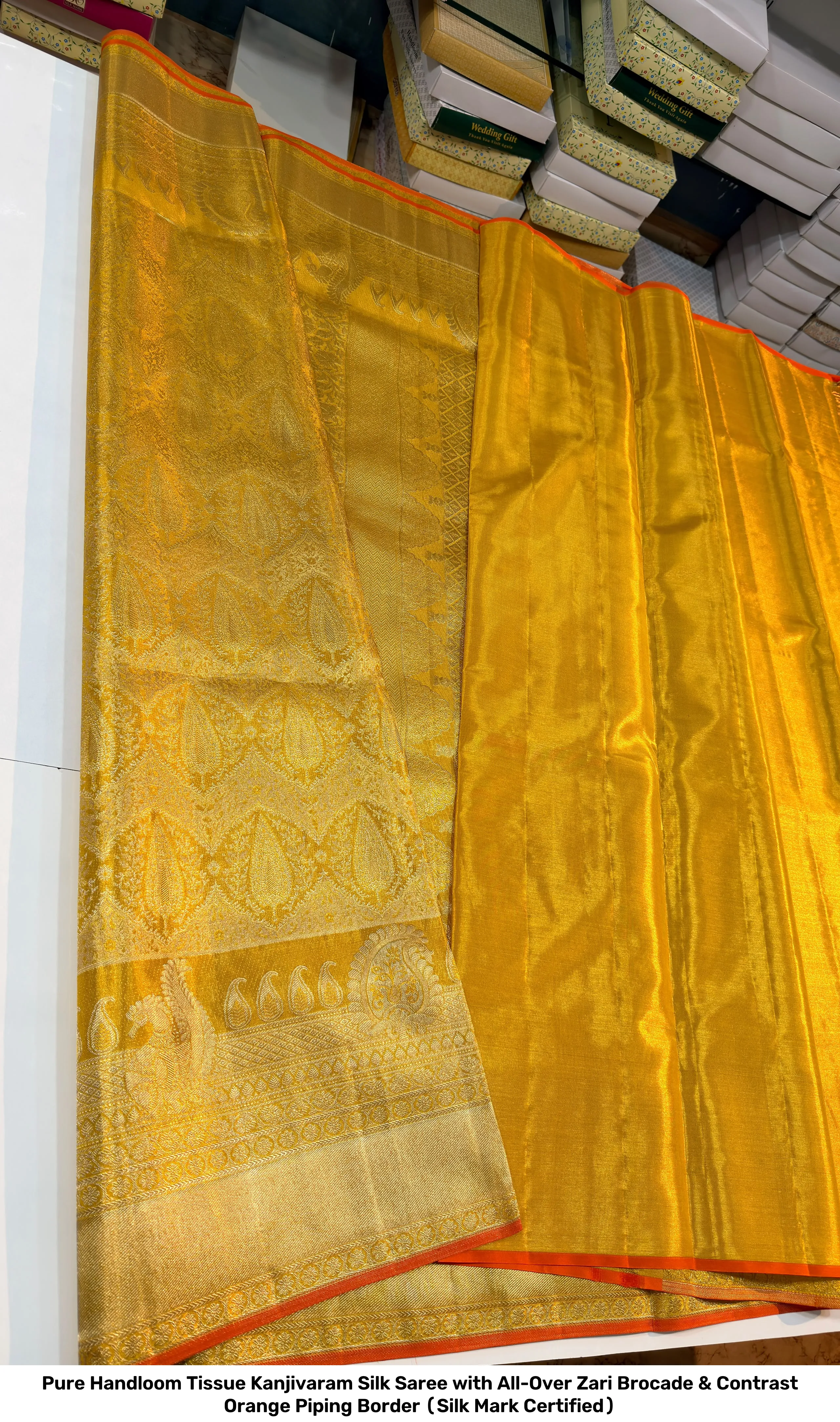 Pure Handloom Tissue Kanjivaram Silk Saree with All-Over Zari Brocade & Contrast Orange Piping Border (Silk Mark Certified) 2