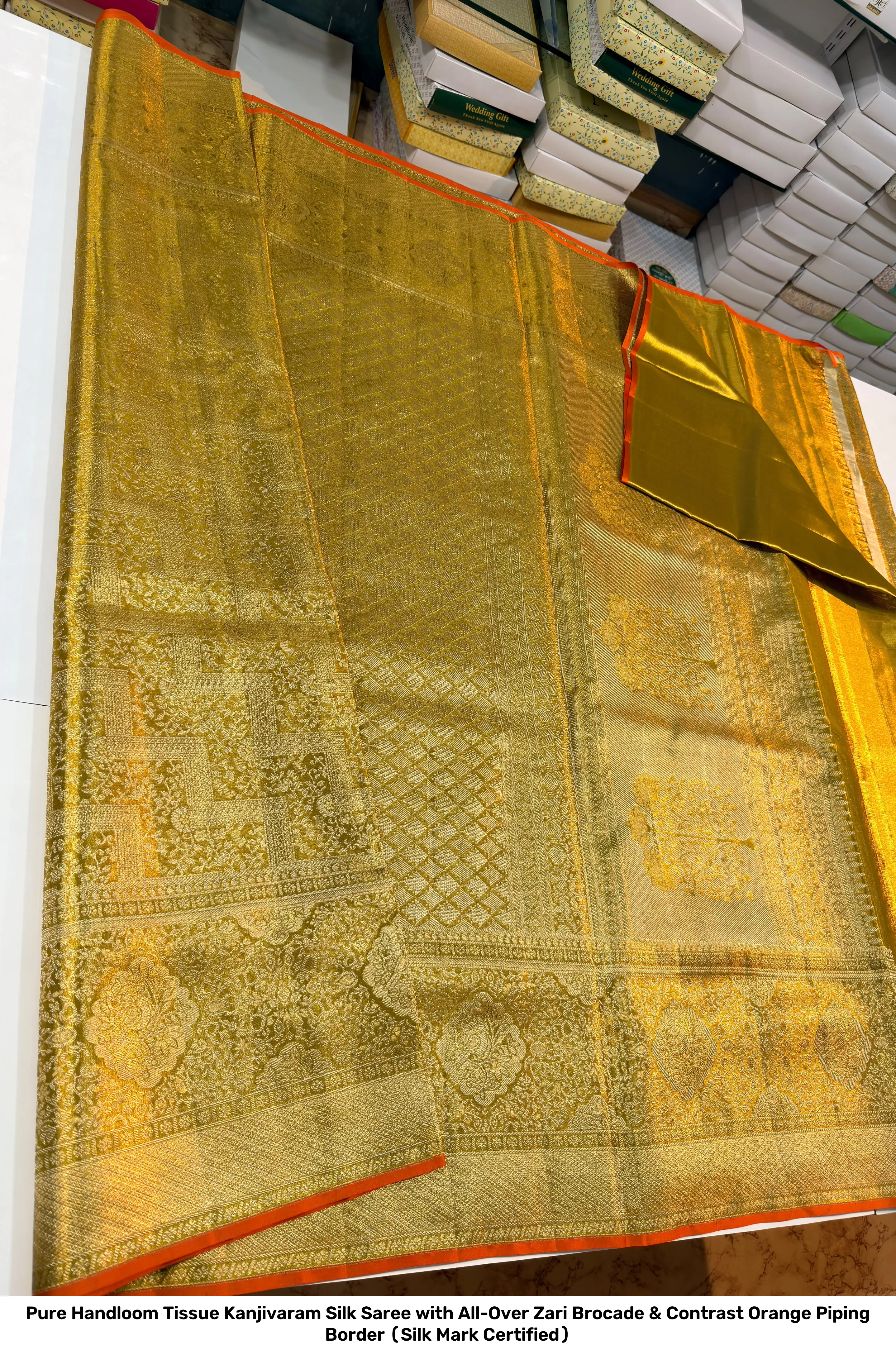 Pure Handloom Tissue Kanjivaram Silk Saree with All-Over Zari Brocade & Contrast Orange Piping Border (Silk Mark Certified) 3