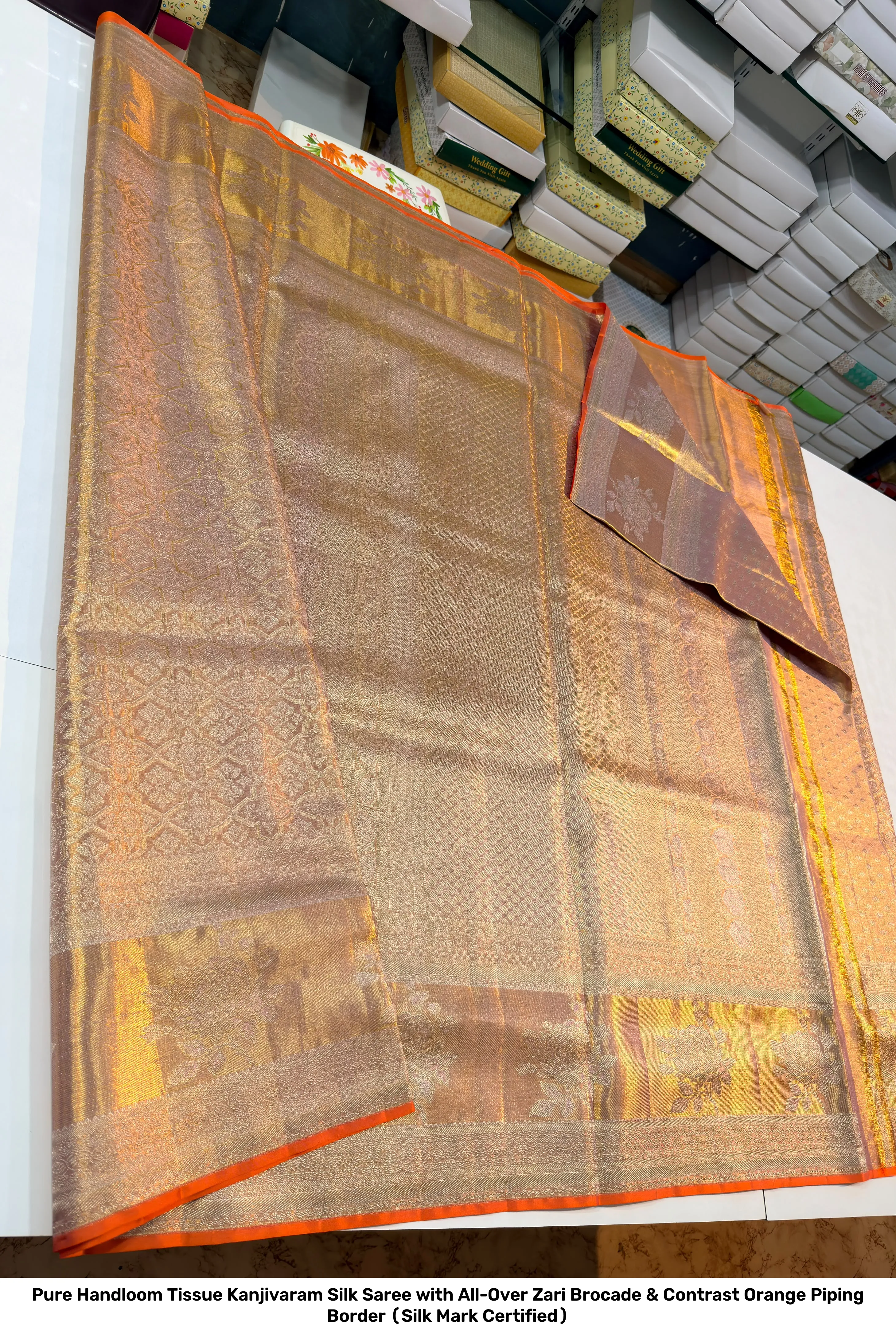Pure Handloom Tissue Kanjivaram Silk Saree with All-Over Zari Brocade & Contrast Orange Piping Border (Silk Mark Certified) 4