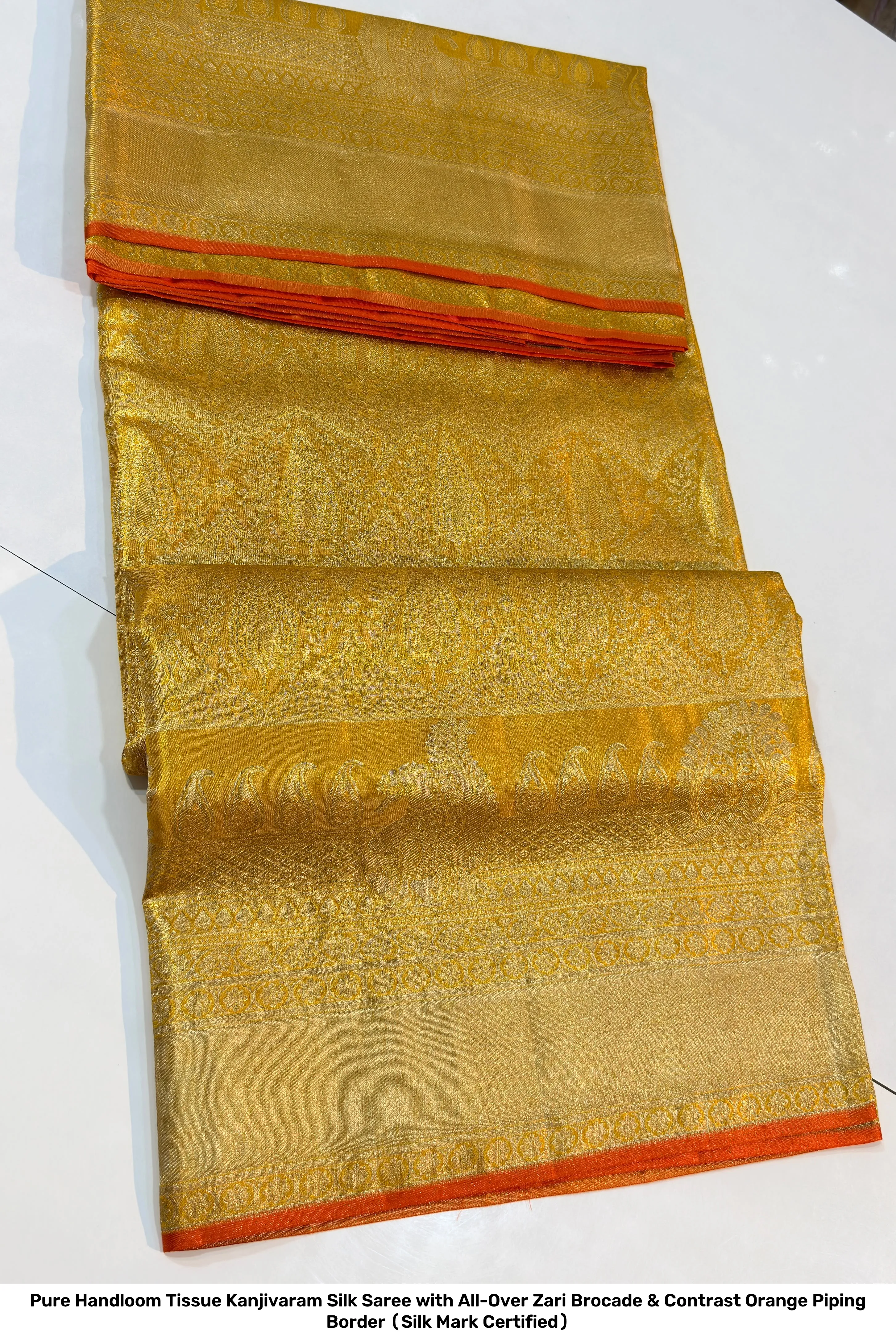 Pure Handloom Tissue Kanjivaram Silk Saree with All-Over Zari Brocade & Contrast Orange Piping Border (Silk Mark Certified) 5