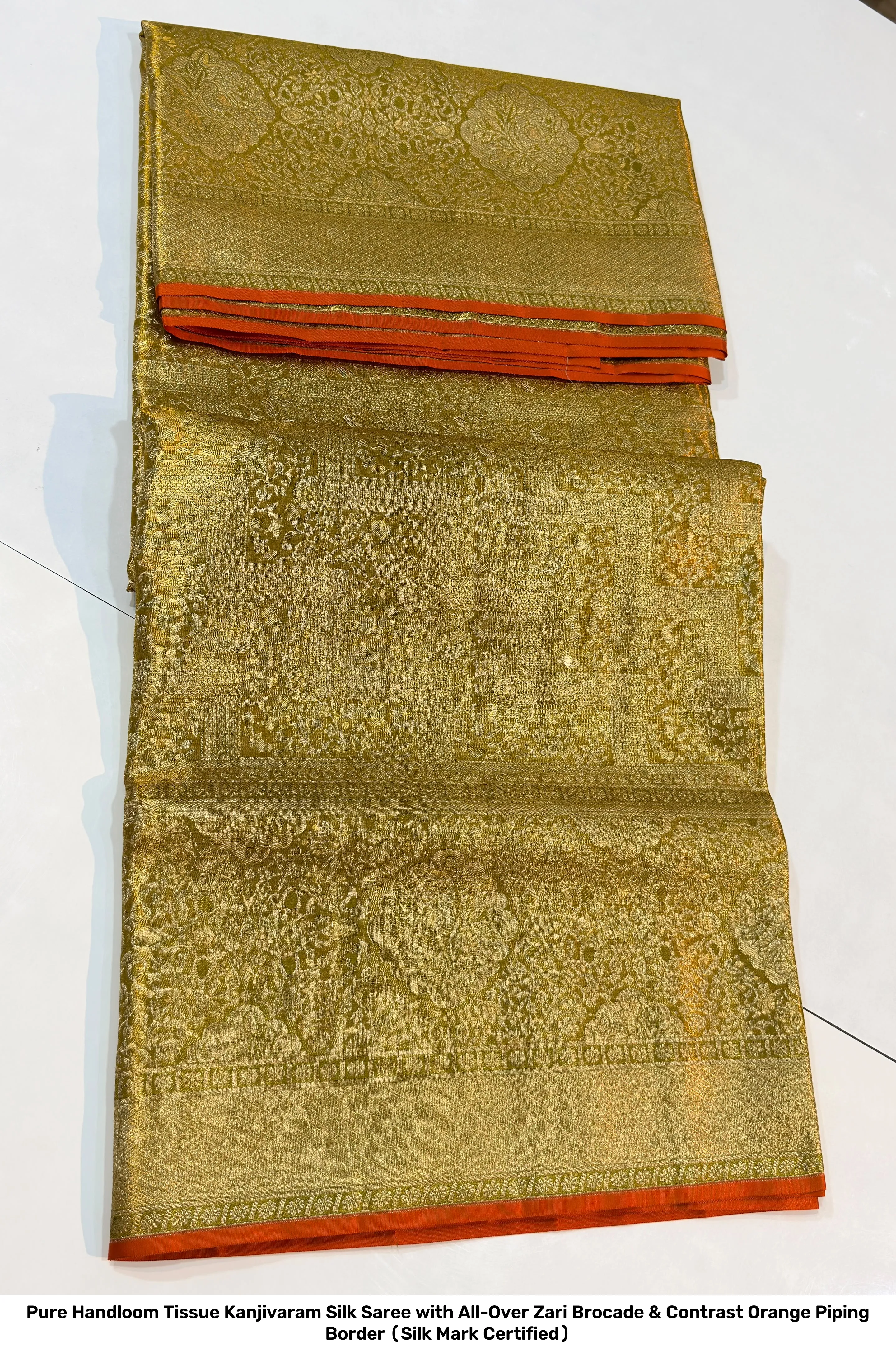 Pure Handloom Tissue Kanjivaram Silk Saree with All-Over Zari Brocade & Contrast Orange Piping Border (Silk Mark Certified) 6