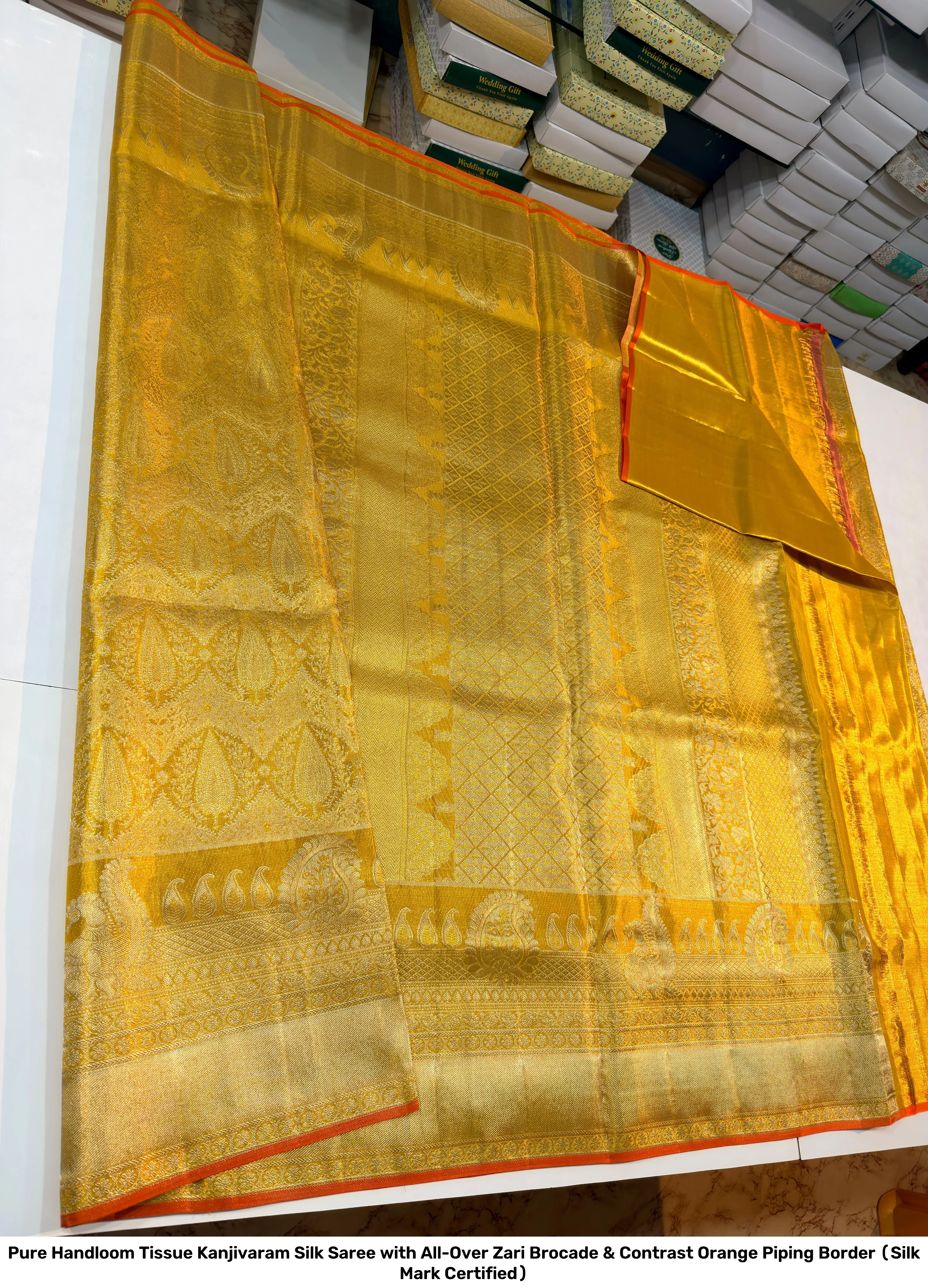 Pure Handloom Tissue Kanjivaram Silk Saree with All-Over Zari Brocade & Contrast Orange Piping Border (Silk Mark Certified) 7
