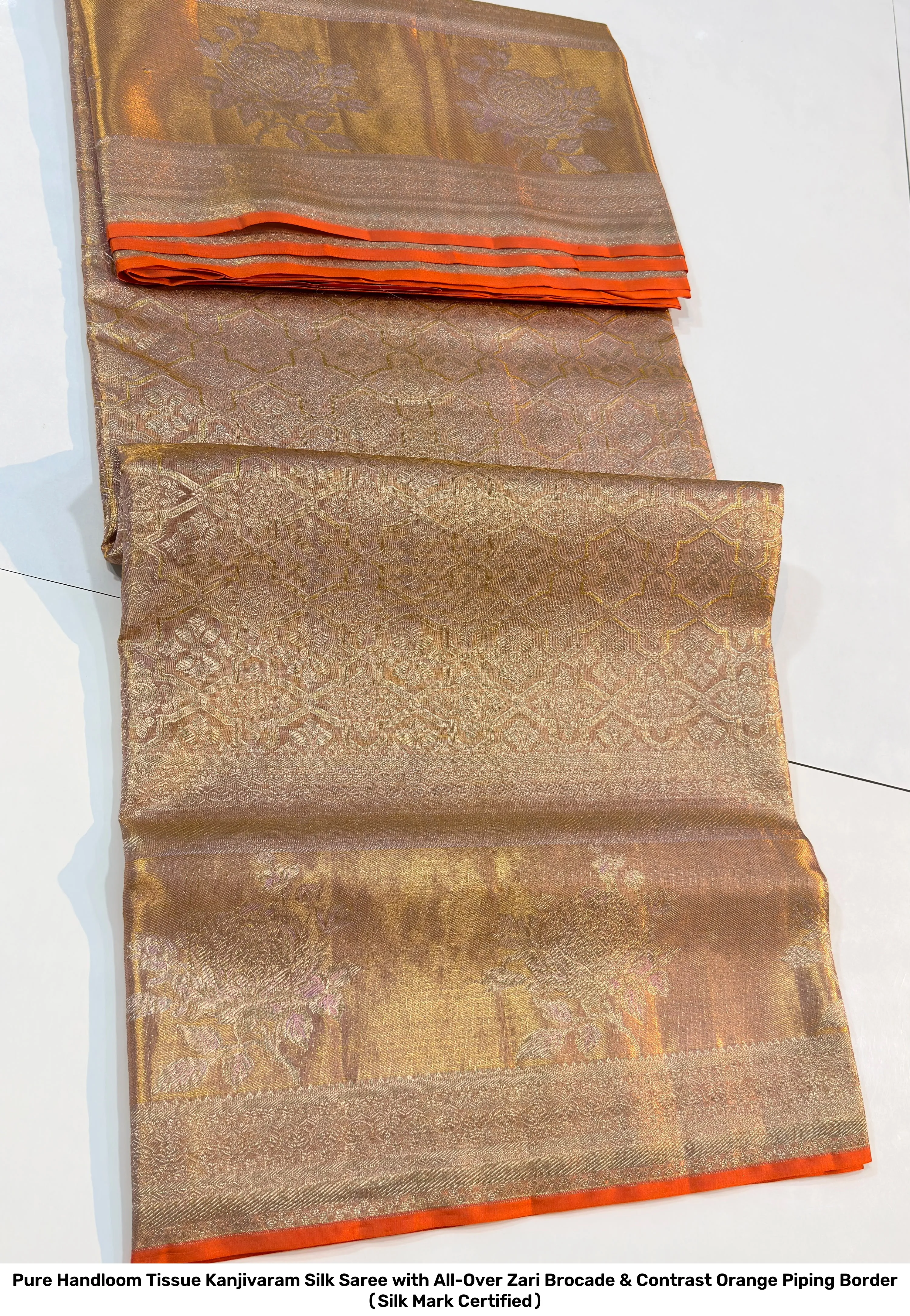 Pure Handloom Tissue Kanjivaram Silk Saree with All-Over Zari Brocade & Contrast Orange Piping Border (Silk Mark Certified) 8