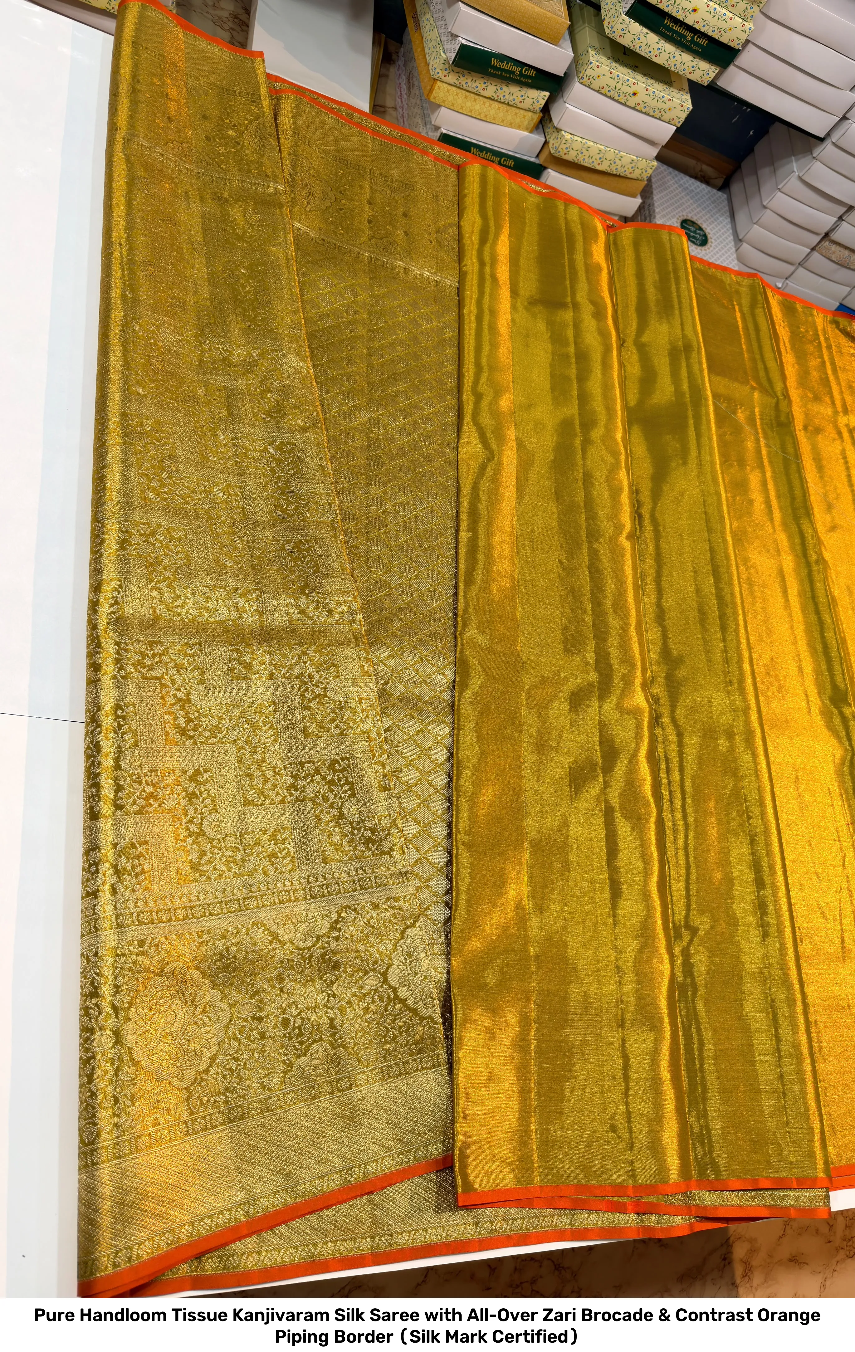 Pure Handloom Tissue Kanjivaram Silk Saree with All-Over Zari Brocade & Contrast Orange Piping Border (Silk Mark Certified) 9