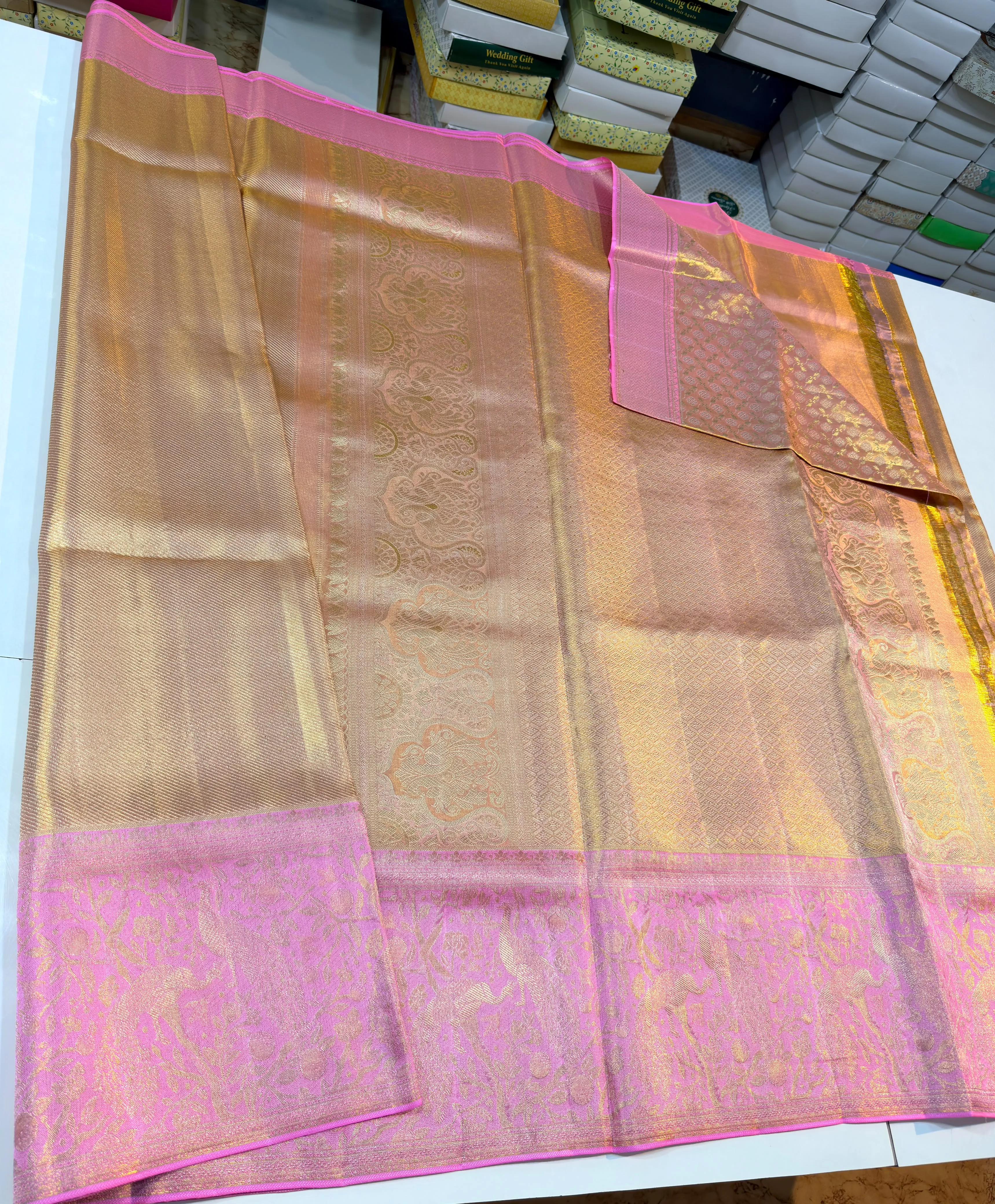 Pure Handloom Tissue Kanjivaram Silk Saree with Contrast Pink Zari Border & Rich Pallu (Silk Mark Certified)