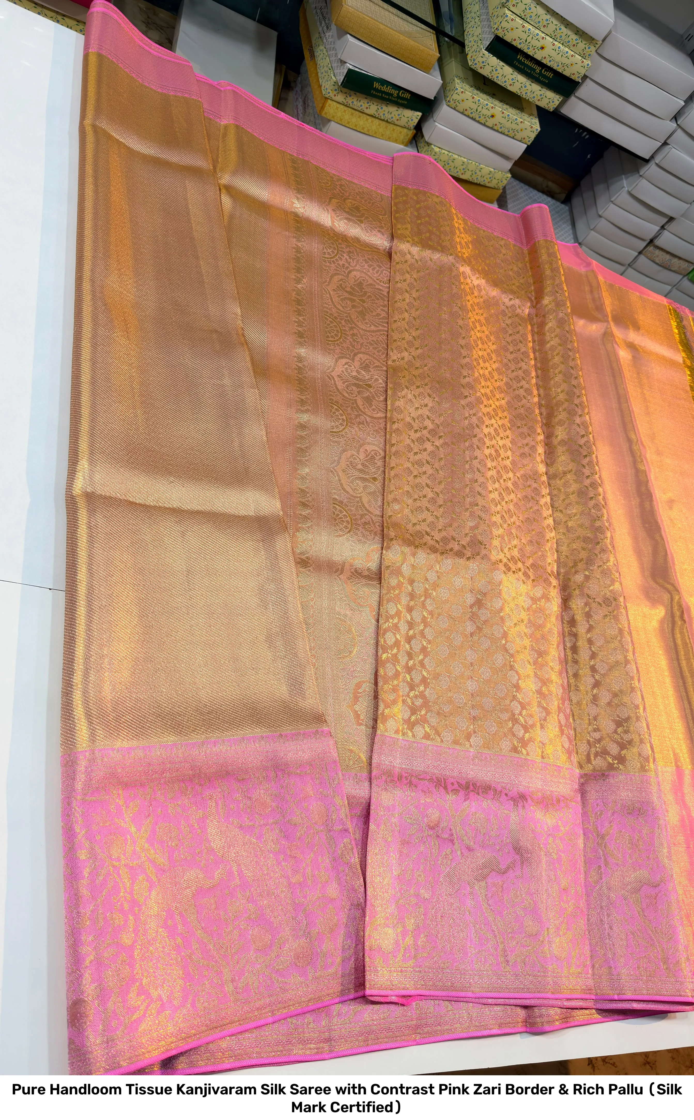 Pure Handloom Tissue Kanjivaram Silk Saree with Contrast Pink Zari Border & Rich Pallu (Silk Mark Certified) 2