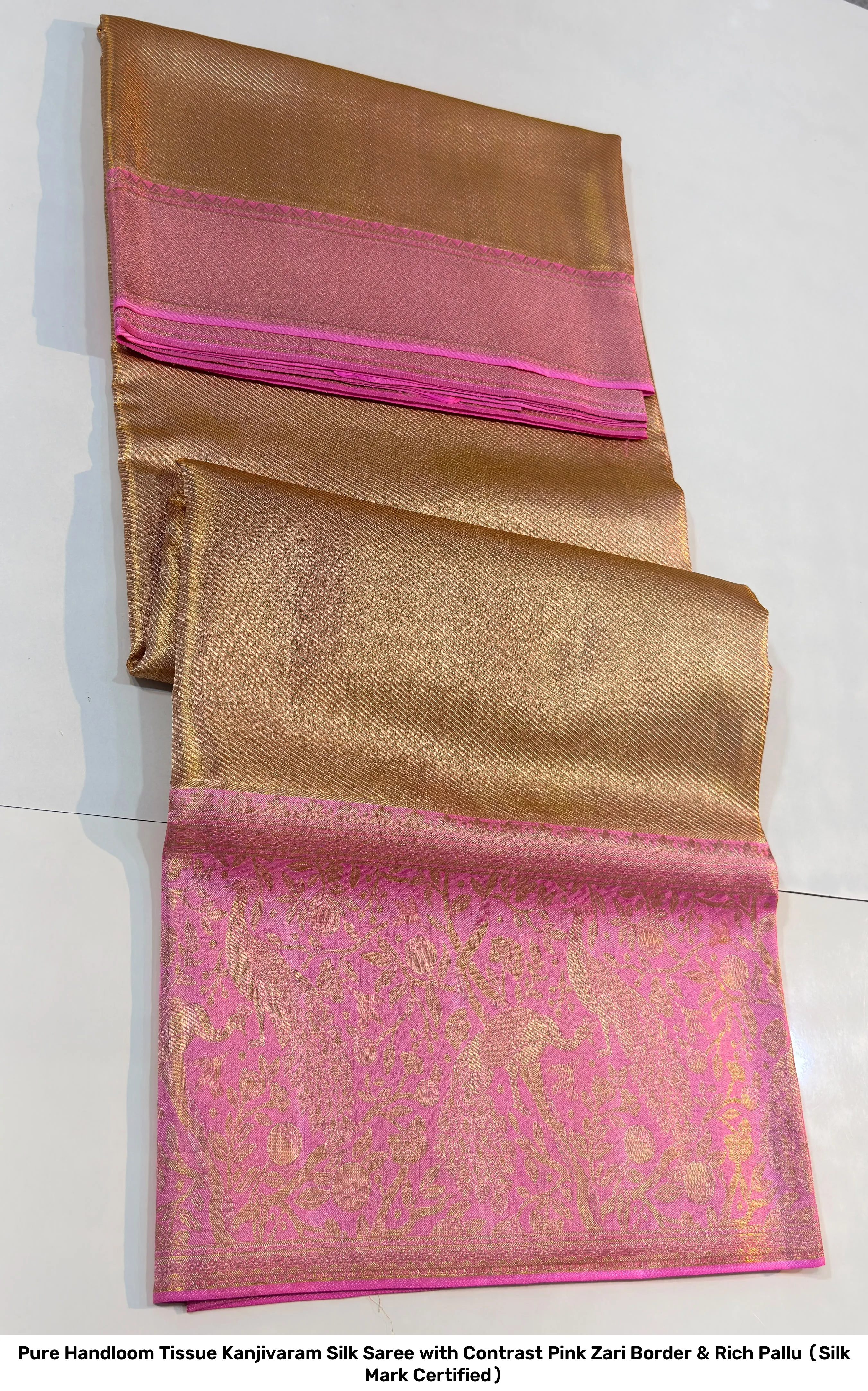 Pure Handloom Tissue Kanjivaram Silk Saree with Contrast Pink Zari Border & Rich Pallu (Silk Mark Certified) 3