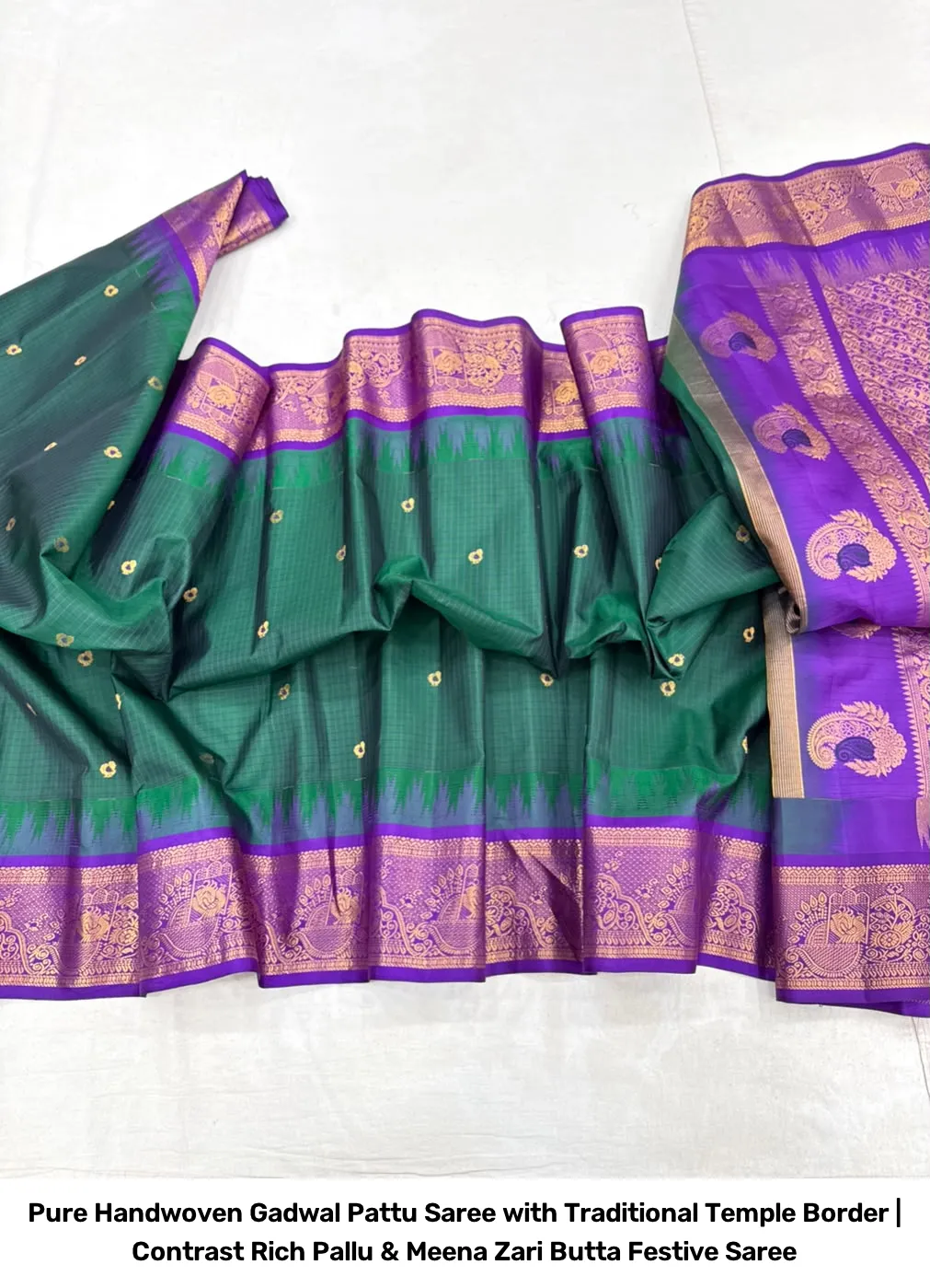 Pure Handwoven Gadwal Pattu Saree with Traditional Temple Border | Contrast Rich Pallu & Meena Zari Butta Festive Saree 10