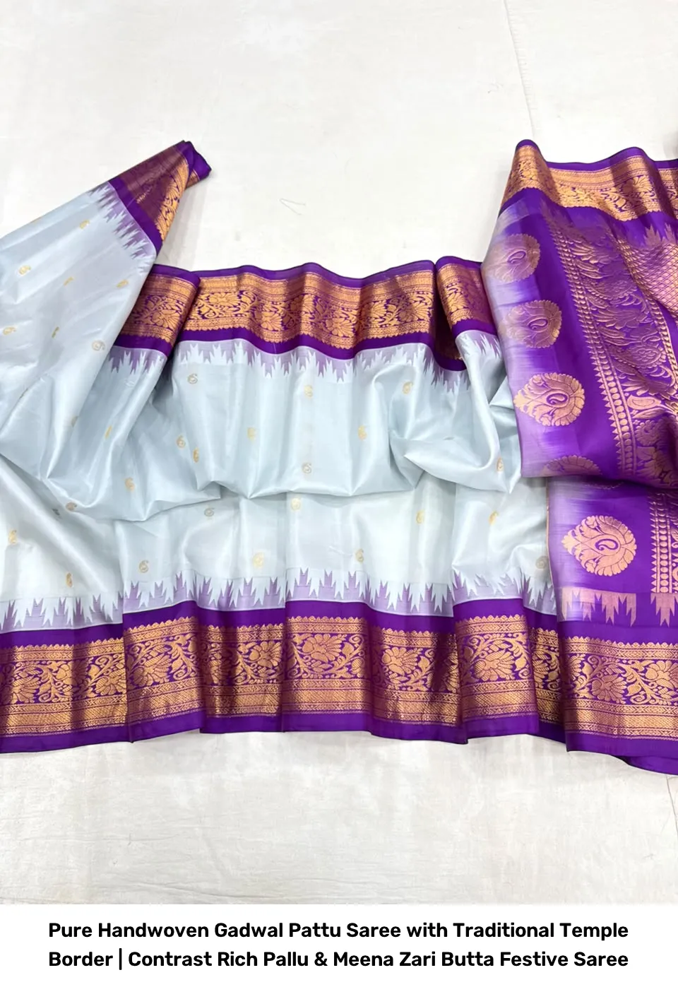 Pure Handwoven Gadwal Pattu Saree with Traditional Temple Border | Contrast Rich Pallu & Meena Zari Butta Festive Saree 11