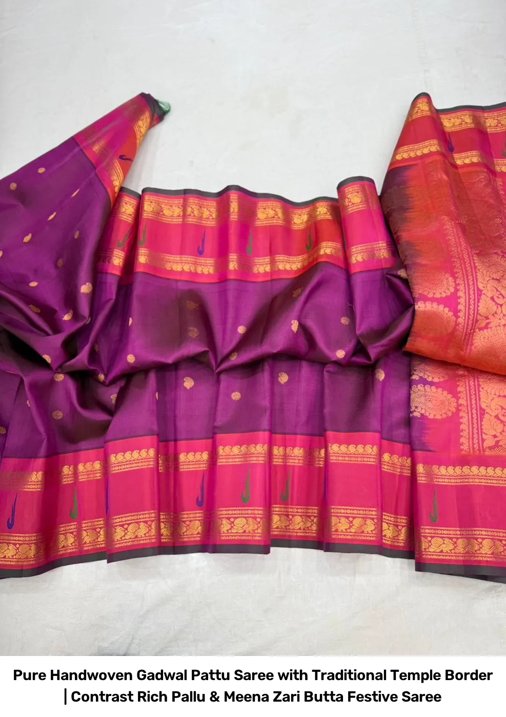 Pure Handwoven Gadwal Pattu Saree with Traditional Temple Border | Contrast Rich Pallu & Meena Zari Butta Festive Saree 12