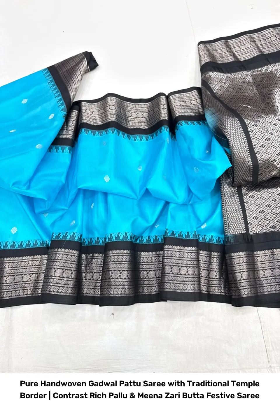 Pure Handwoven Gadwal Pattu Saree with Traditional Temple Border | Contrast Rich Pallu & Meena Zari Butta Festive Saree 13