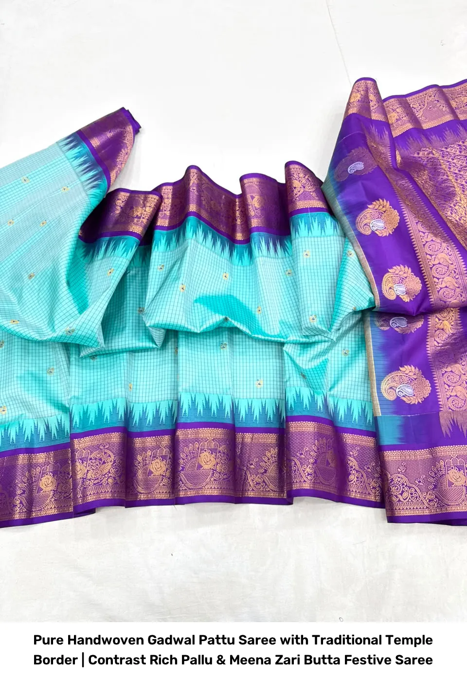 Pure Handwoven Gadwal Pattu Saree with Traditional Temple Border | Contrast Rich Pallu & Meena Zari Butta Festive Saree 14