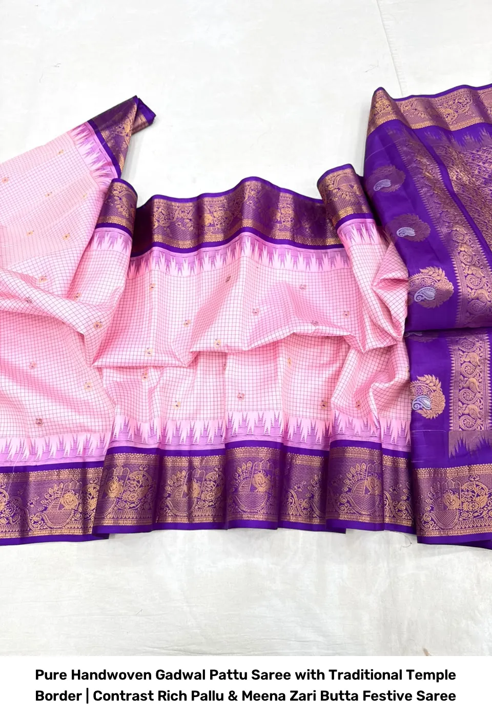 Pure Handwoven Gadwal Pattu Saree with Traditional Temple Border | Contrast Rich Pallu & Meena Zari Butta Festive Saree 15