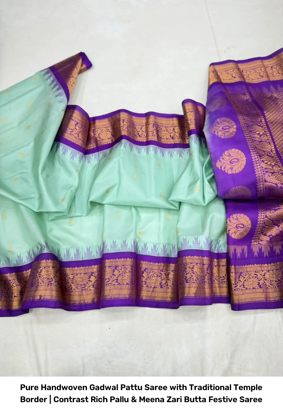 Pure Handwoven Gadwal Pattu Saree with Traditional Temple Border | Contrast Rich Pallu & Meena Zari Butta Festive Saree 16