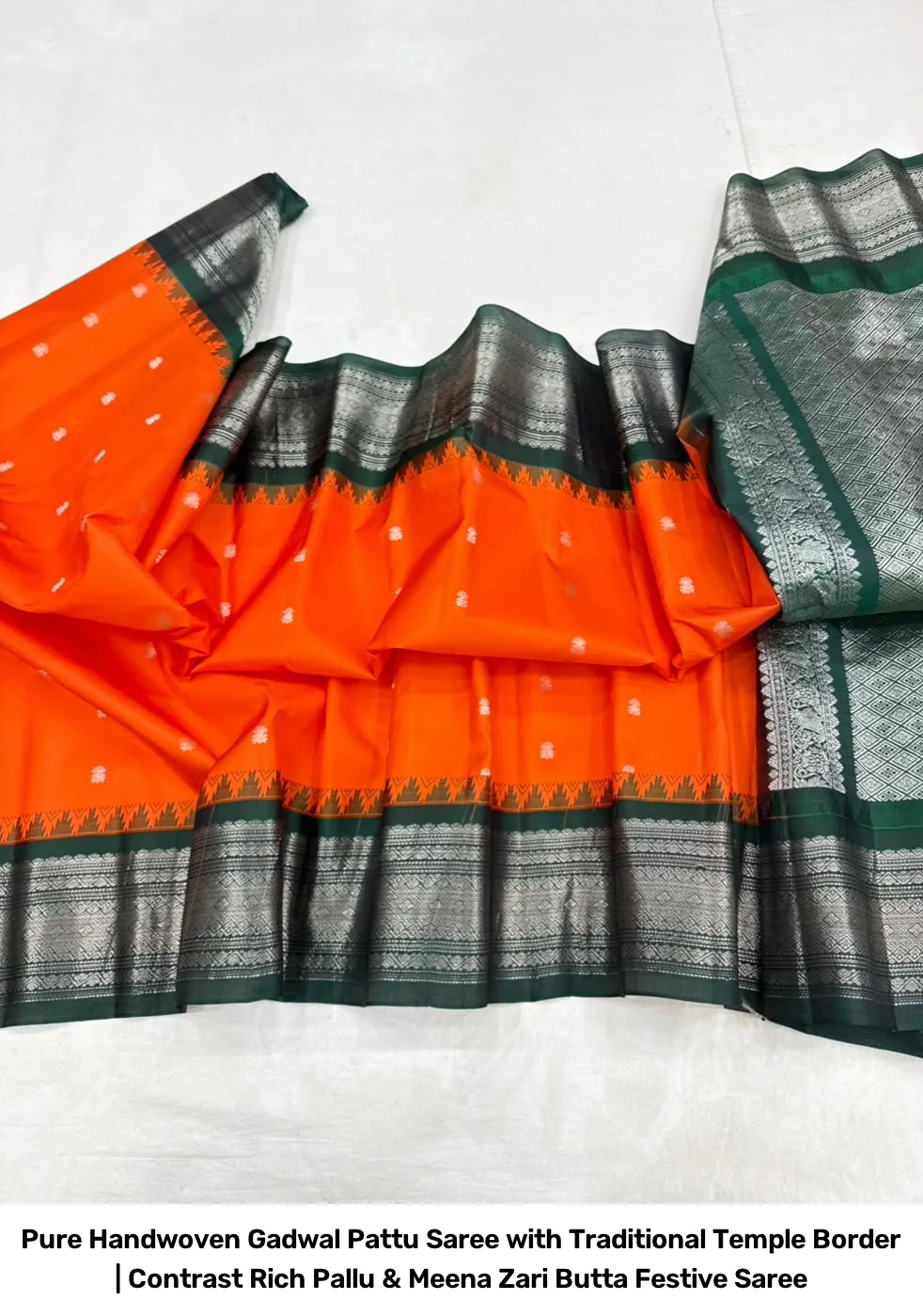 Pure Handwoven Gadwal Pattu Saree with Traditional Temple Border | Contrast Rich Pallu & Meena Zari Butta Festive Saree 17