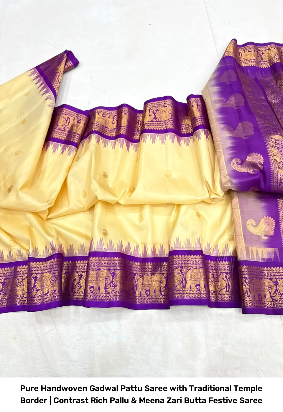 Pure Handwoven Gadwal Pattu Saree with Traditional Temple Border | Contrast Rich Pallu & Meena Zari Butta Festive Saree 18