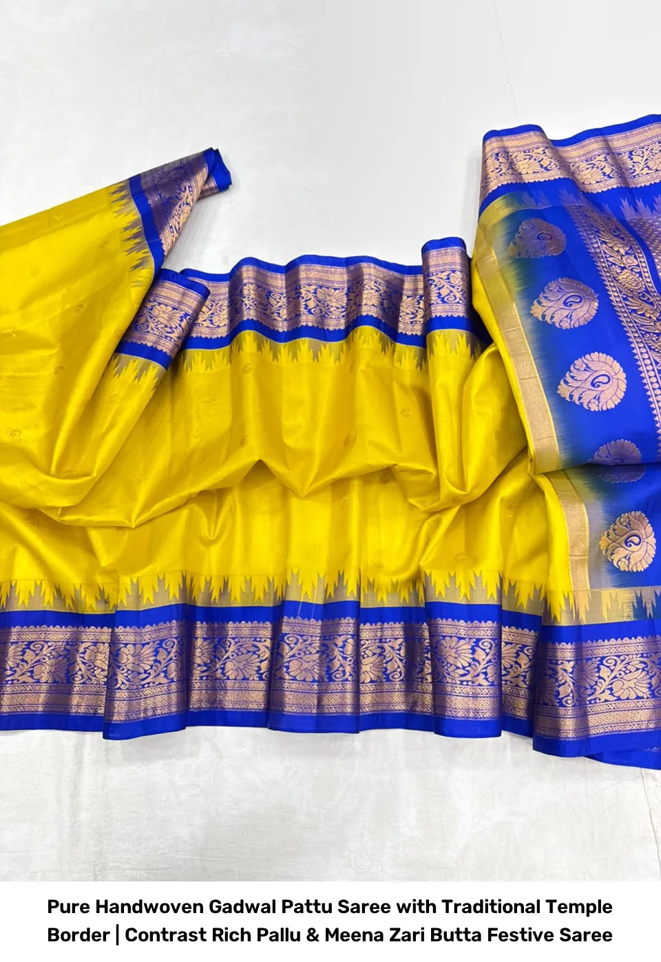 Pure Handwoven Gadwal Pattu Saree with Traditional Temple Border | Contrast Rich Pallu & Meena Zari Butta Festive Saree 2