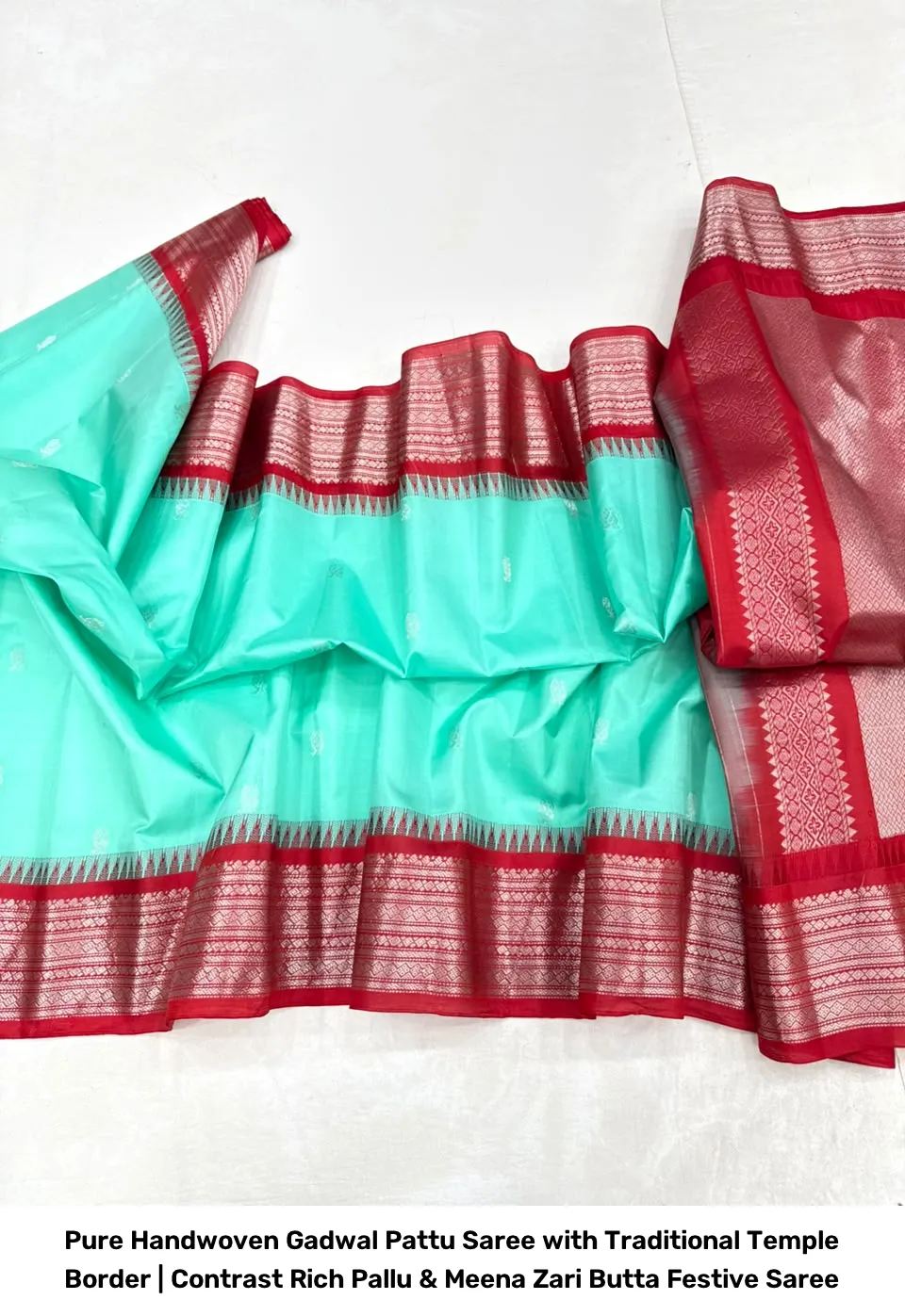 Pure Handwoven Gadwal Pattu Saree with Traditional Temple Border | Contrast Rich Pallu & Meena Zari Butta Festive Saree 3