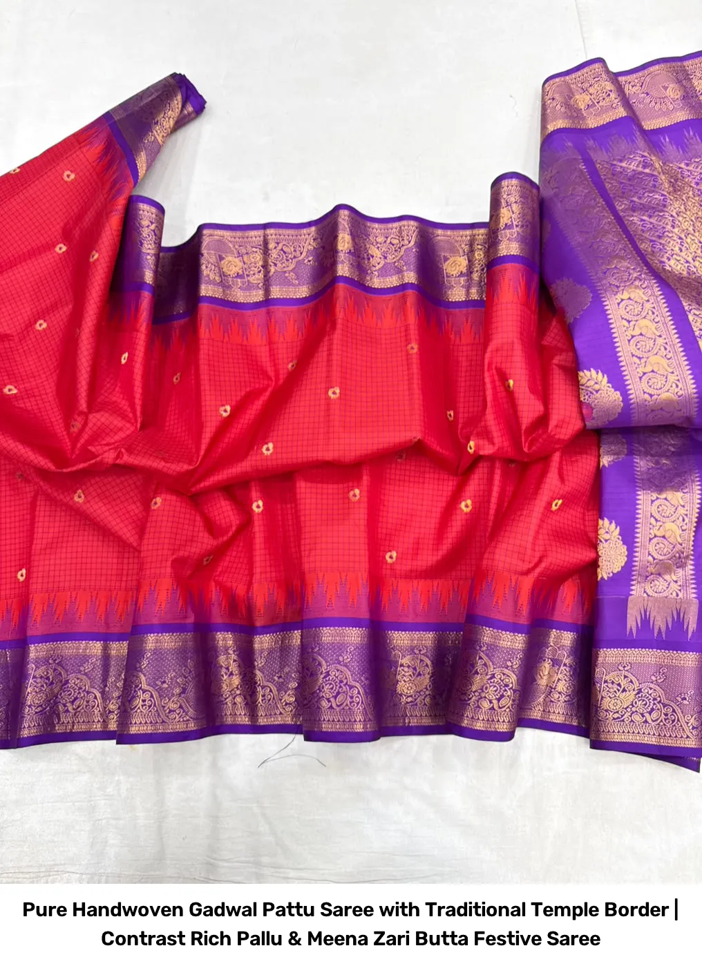 Pure Handwoven Gadwal Pattu Saree with Traditional Temple Border | Contrast Rich Pallu & Meena Zari Butta Festive Saree 4