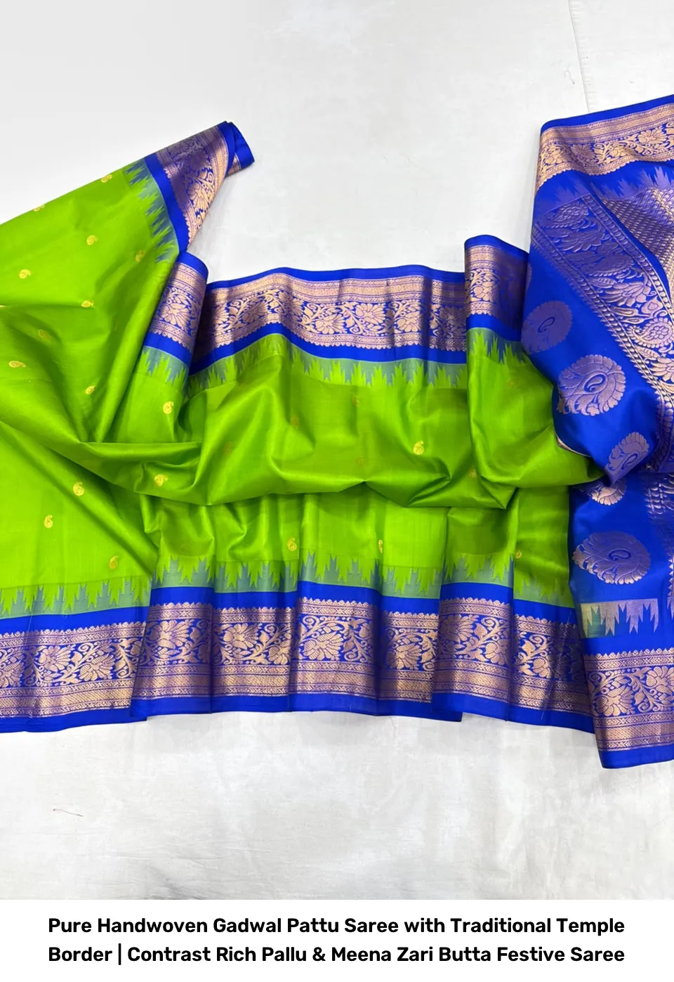 Pure Handwoven Gadwal Pattu Saree with Traditional Temple Border | Contrast Rich Pallu & Meena Zari Butta Festive Saree 5