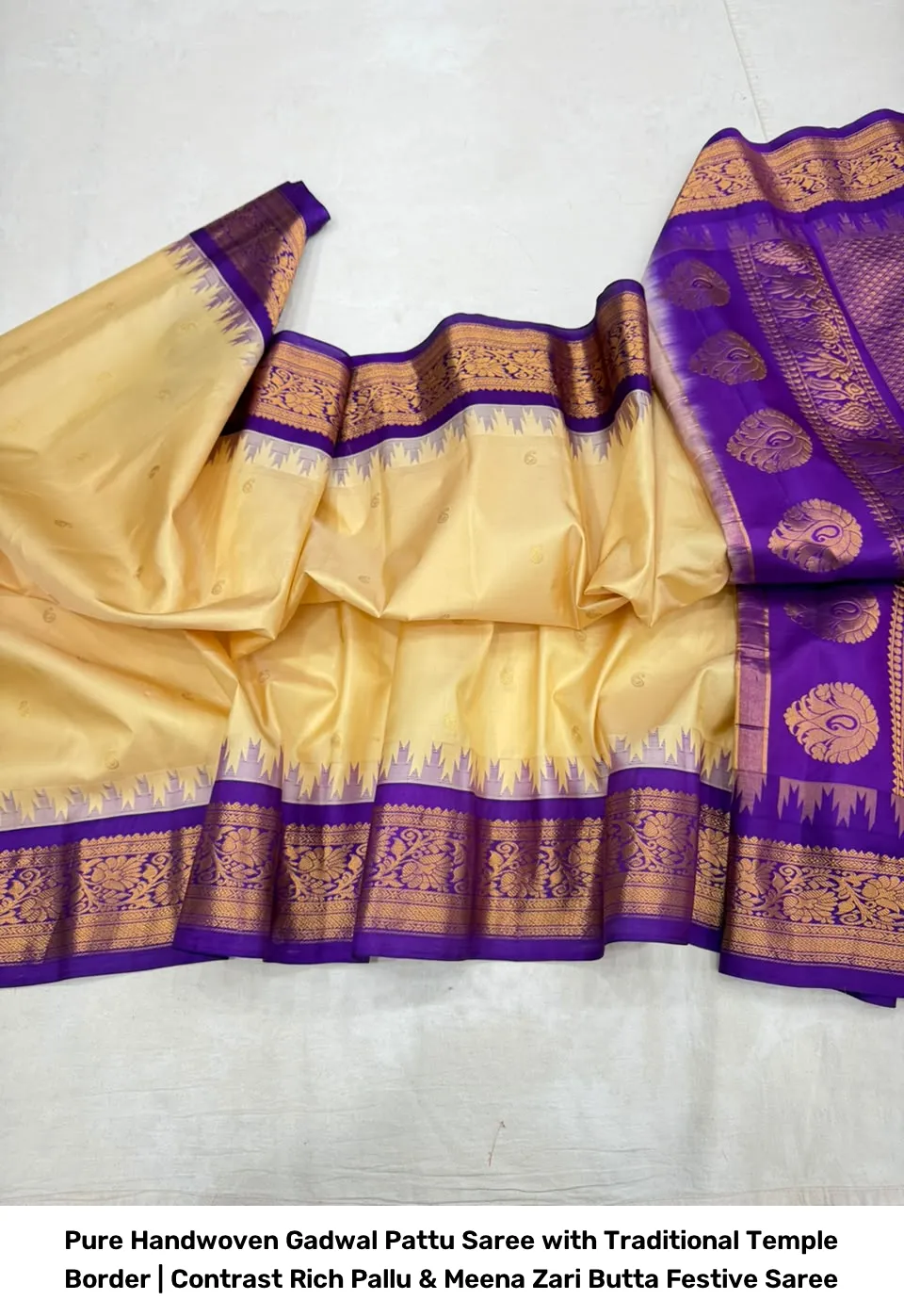 Pure Handwoven Gadwal Pattu Saree with Traditional Temple Border | Contrast Rich Pallu & Meena Zari Butta Festive Saree 6
