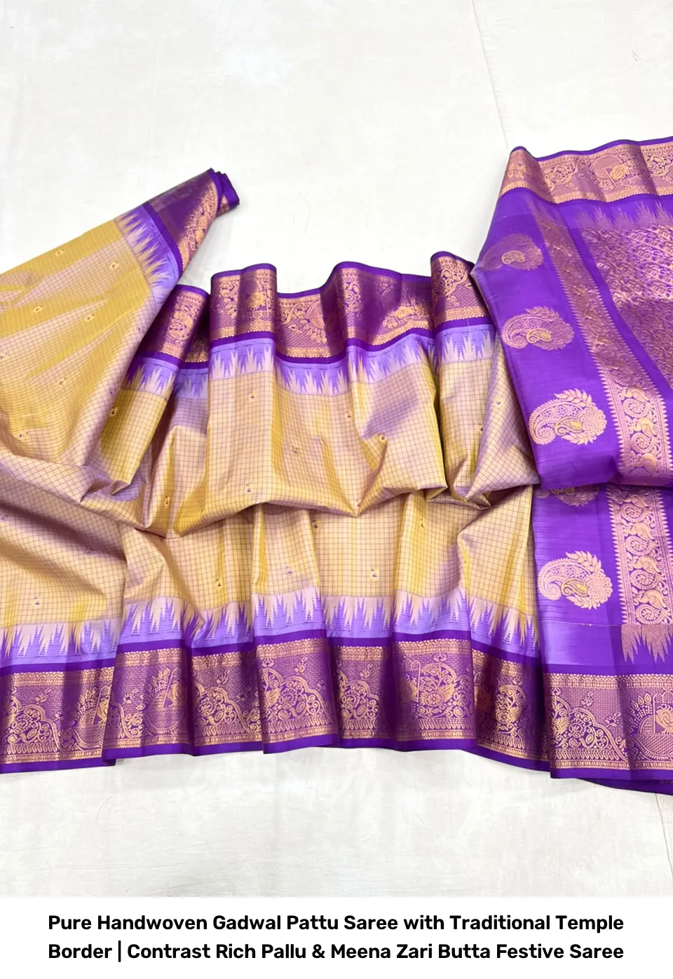 Pure Handwoven Gadwal Pattu Saree with Traditional Temple Border | Contrast Rich Pallu & Meena Zari Butta Festive Saree 7