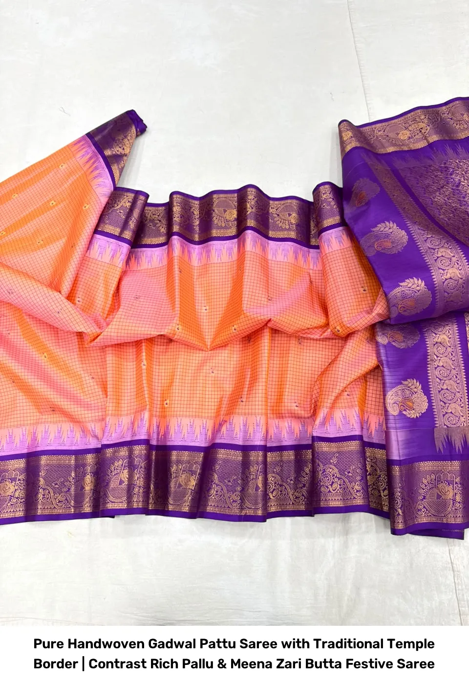 Pure Handwoven Gadwal Pattu Saree with Traditional Temple Border | Contrast Rich Pallu & Meena Zari Butta Festive Saree 8