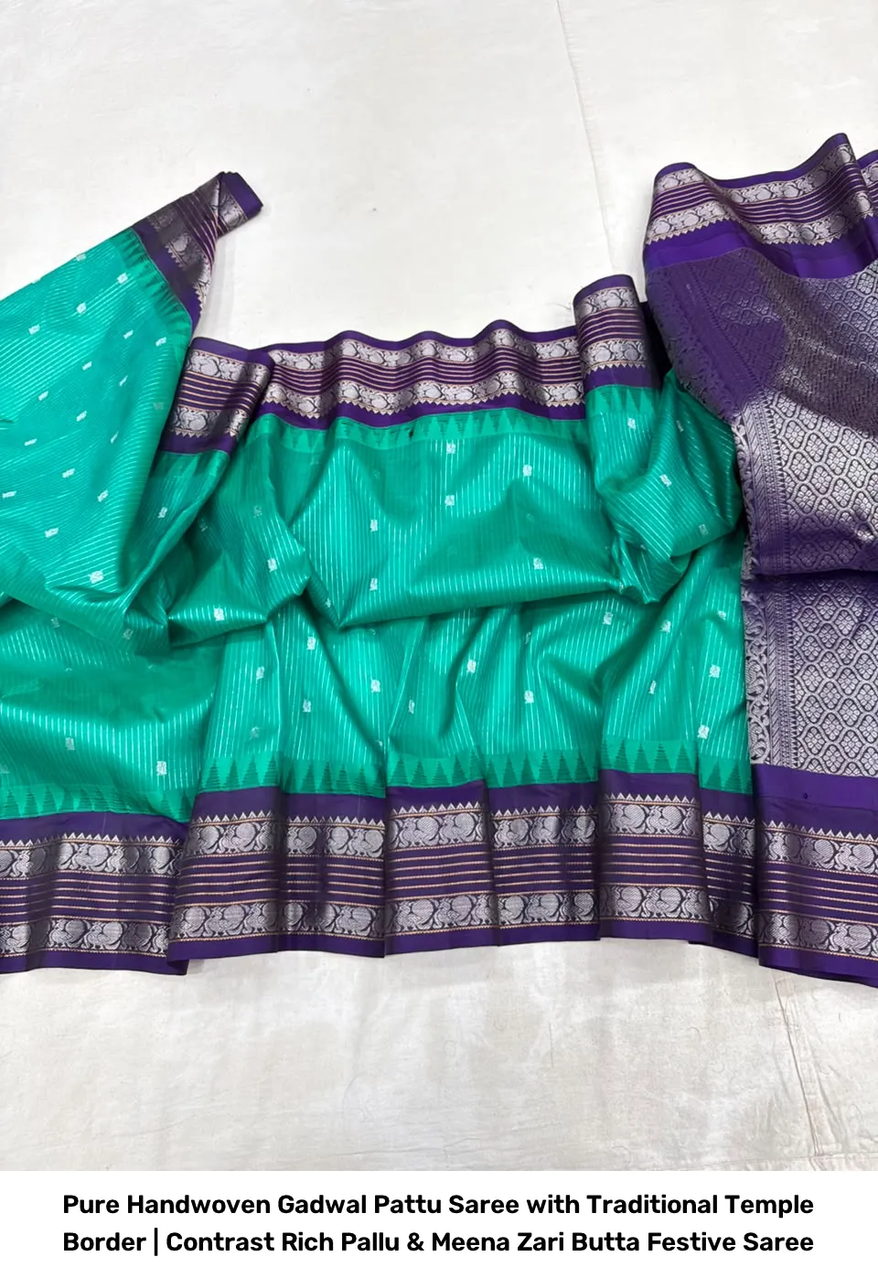 Pure Handwoven Gadwal Pattu Saree with Traditional Temple Border | Contrast Rich Pallu & Meena Zari Butta Festive Saree 9