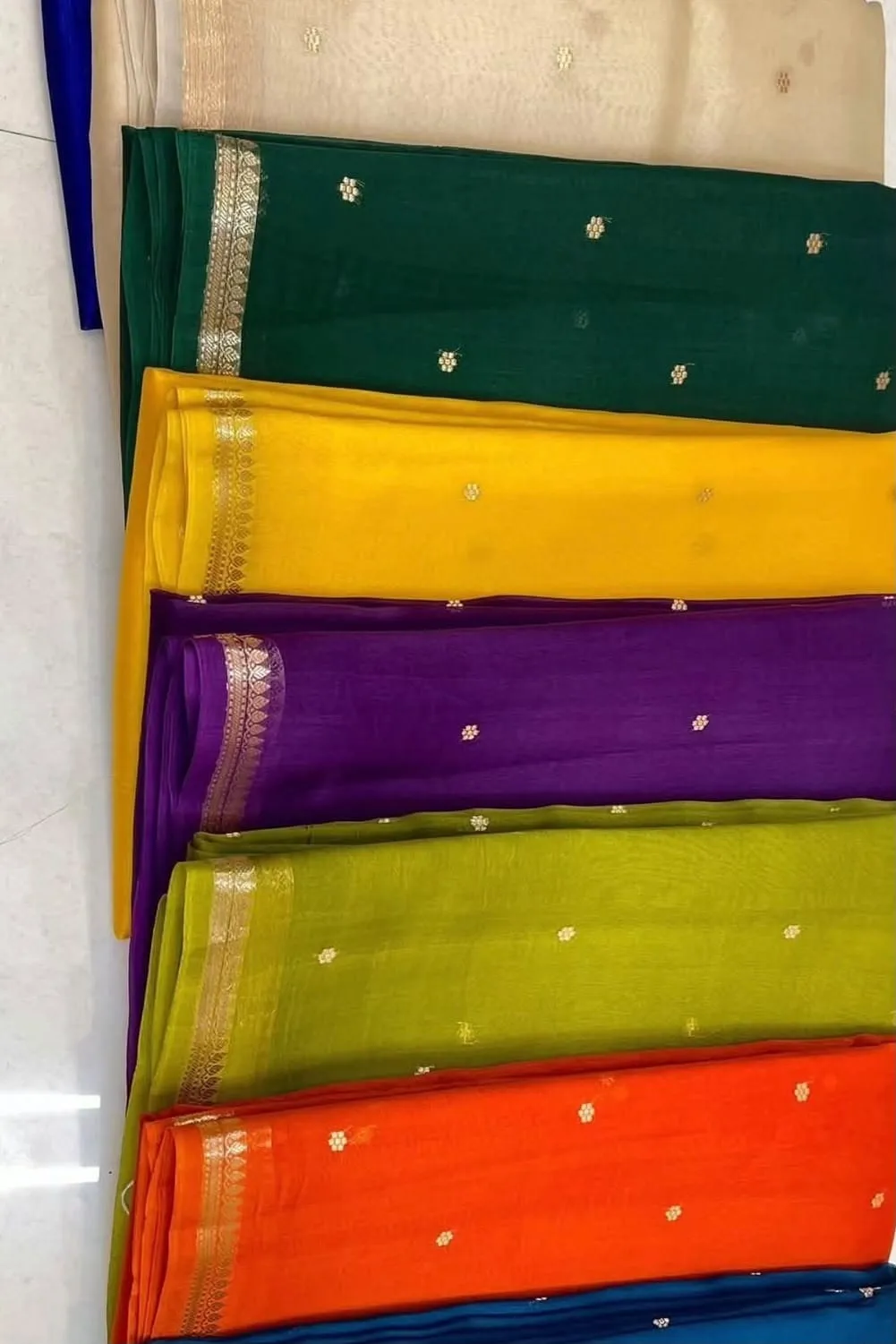 Pure Handwoven Kora Organza Banarasi Saree | Small Gold Zari Border Kadwa Booti Festive Saree