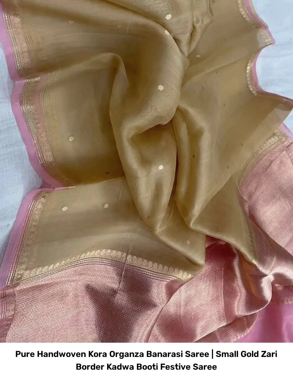 Pure Handwoven Kora Organza Banarasi Saree | Small Gold Zari Border Kadwa Booti Festive Saree 12