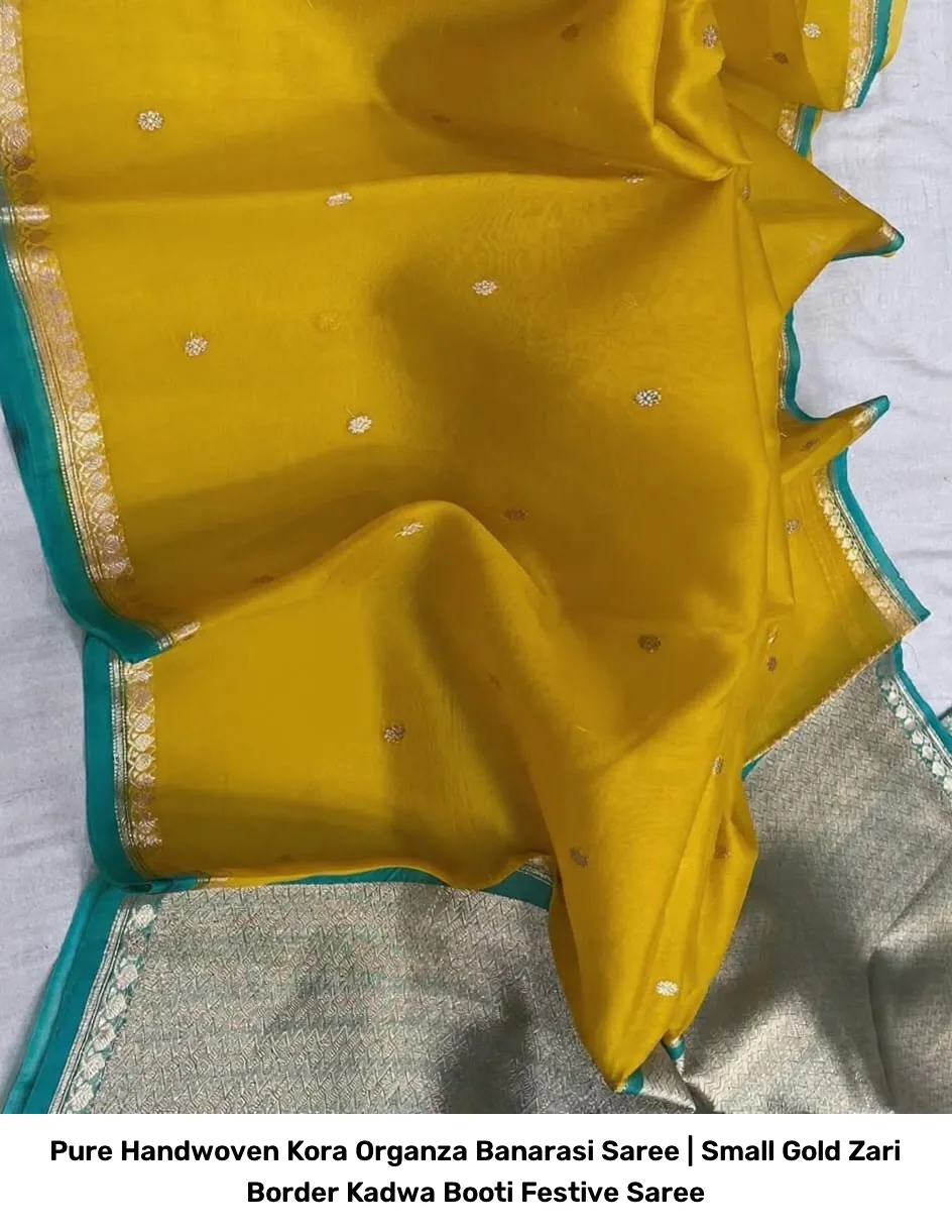 Pure Handwoven Kora Organza Banarasi Saree | Small Gold Zari Border Kadwa Booti Festive Saree 2