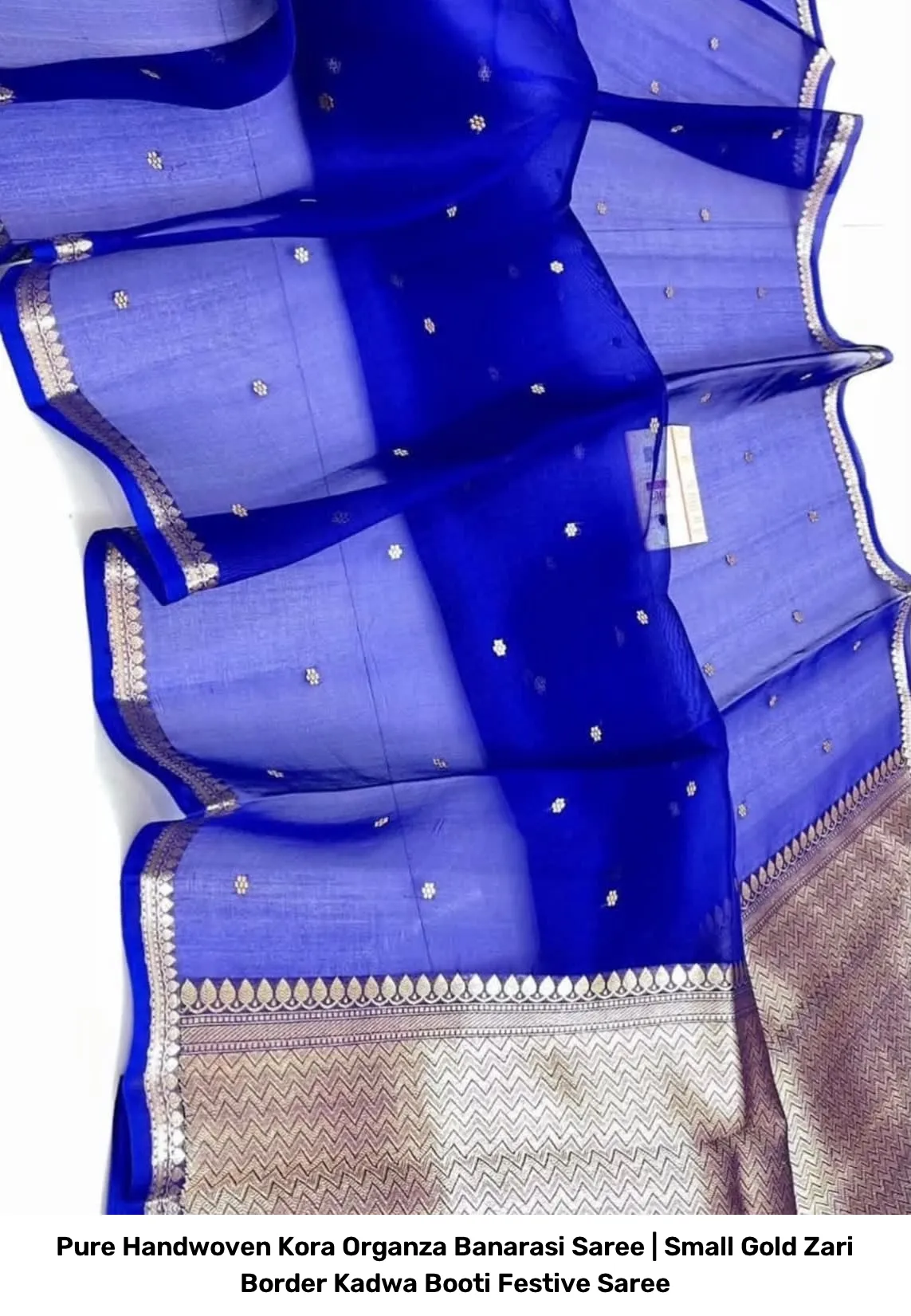 Pure Handwoven Kora Organza Banarasi Saree | Small Gold Zari Border Kadwa Booti Festive Saree 3