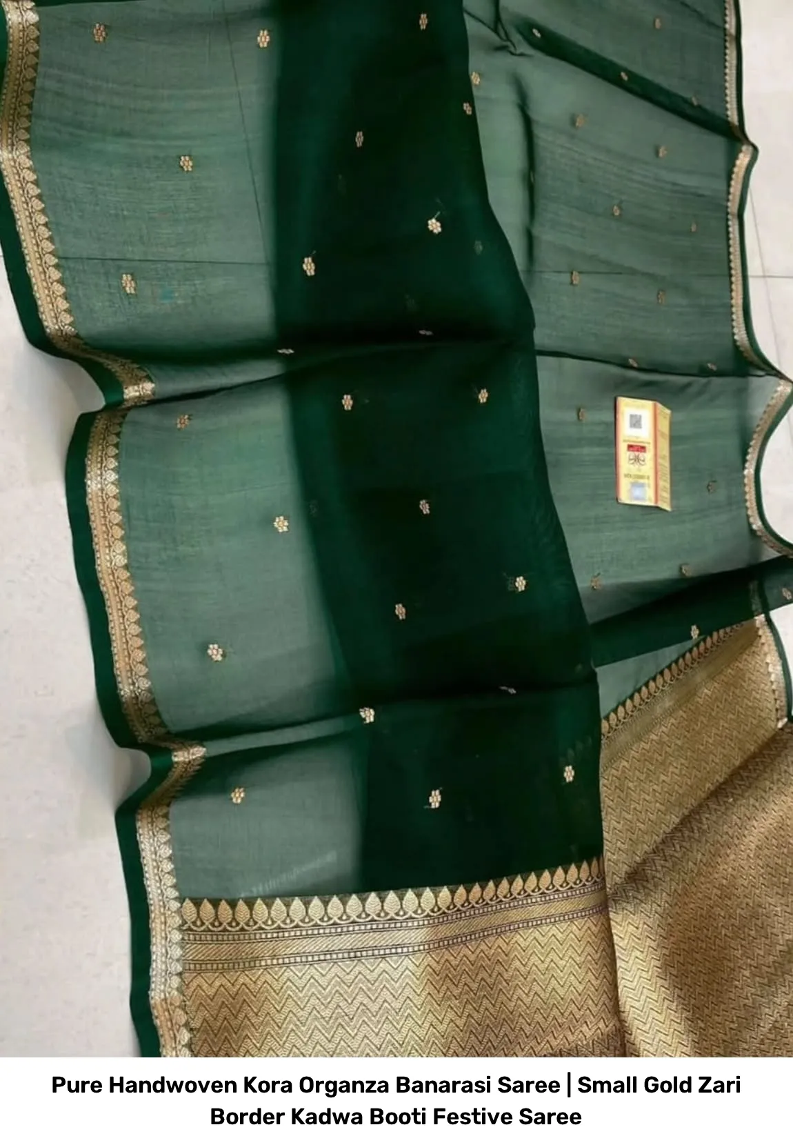 Pure Handwoven Kora Organza Banarasi Saree | Small Gold Zari Border Kadwa Booti Festive Saree 4