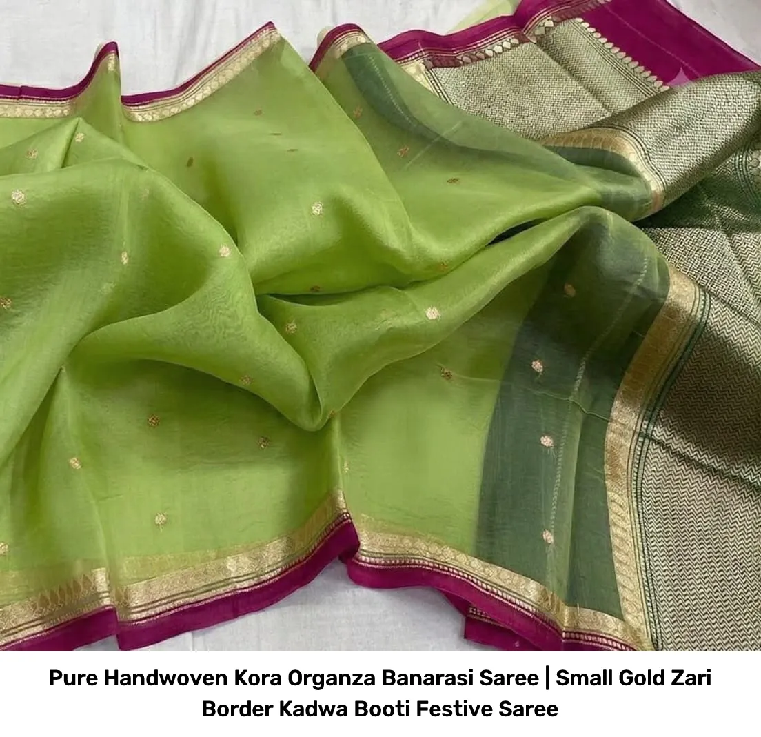 Pure Handwoven Kora Organza Banarasi Saree | Small Gold Zari Border Kadwa Booti Festive Saree 5