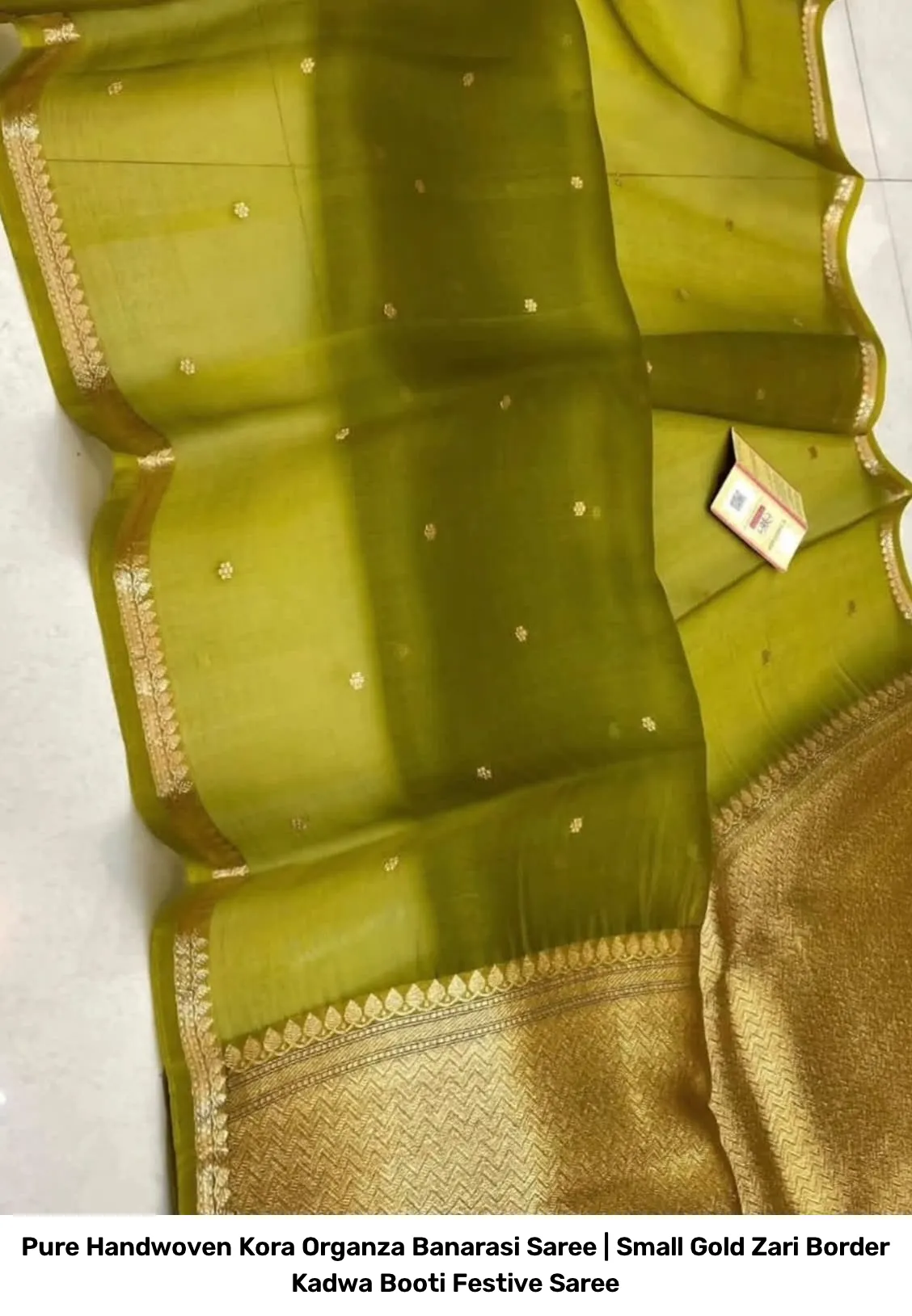 Pure Handwoven Kora Organza Banarasi Saree | Small Gold Zari Border Kadwa Booti Festive Saree 6