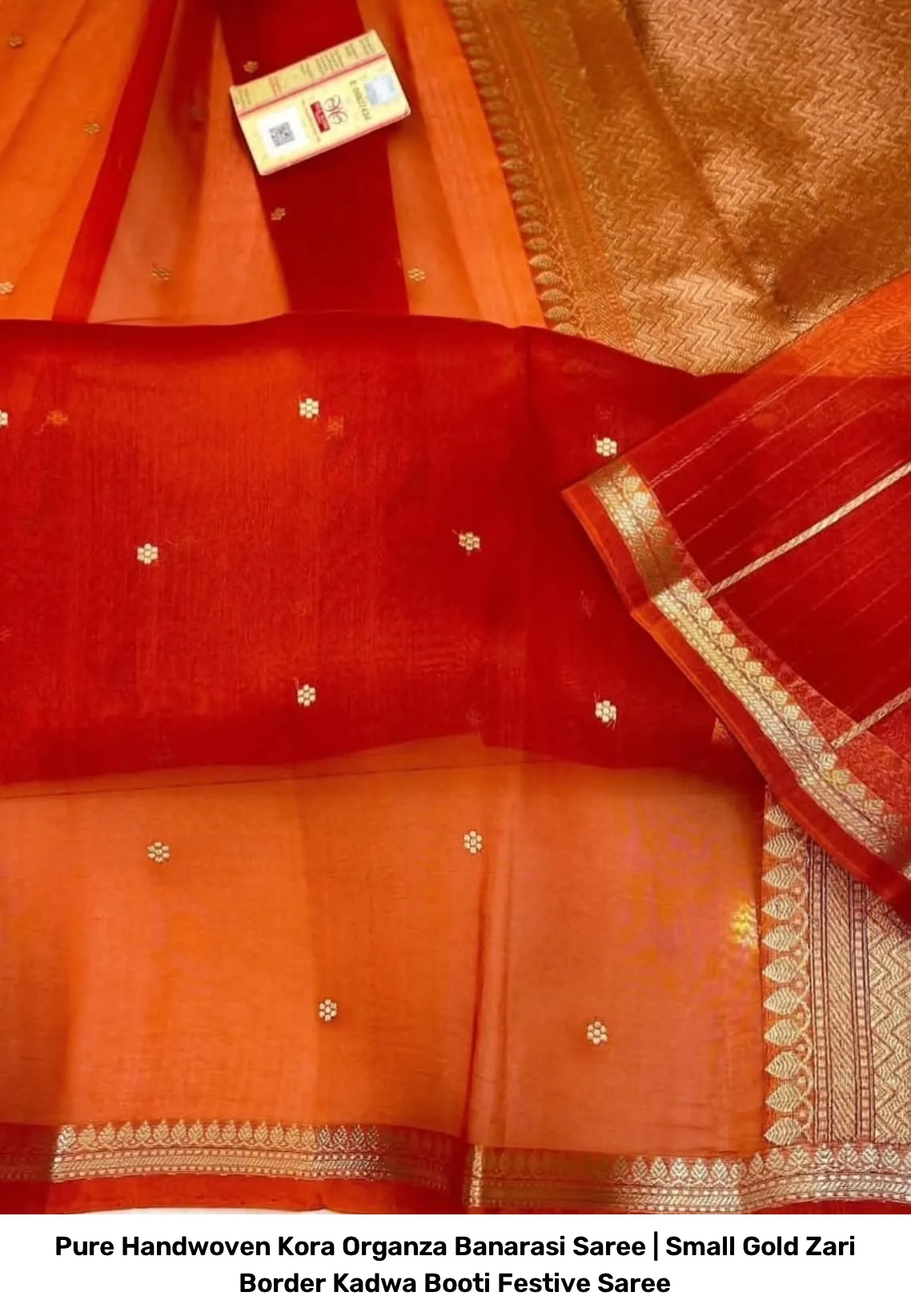 Pure Handwoven Kora Organza Banarasi Saree | Small Gold Zari Border Kadwa Booti Festive Saree 7