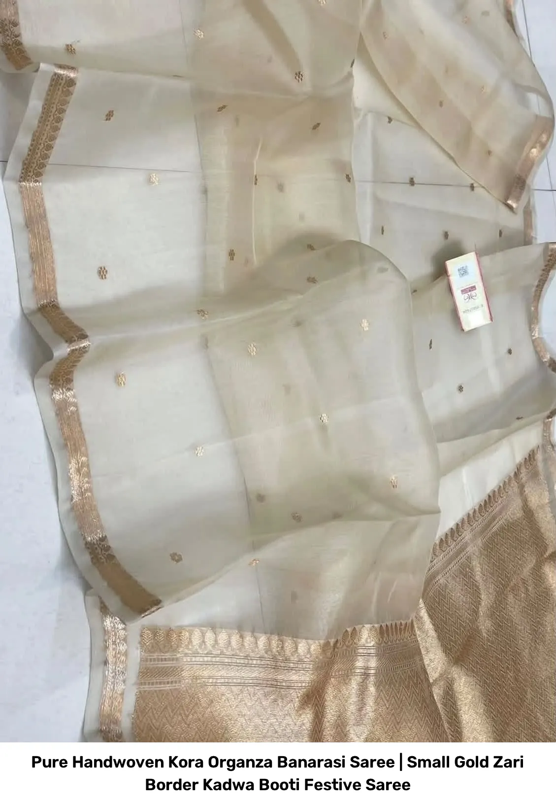 Pure Handwoven Kora Organza Banarasi Saree | Small Gold Zari Border Kadwa Booti Festive Saree 8