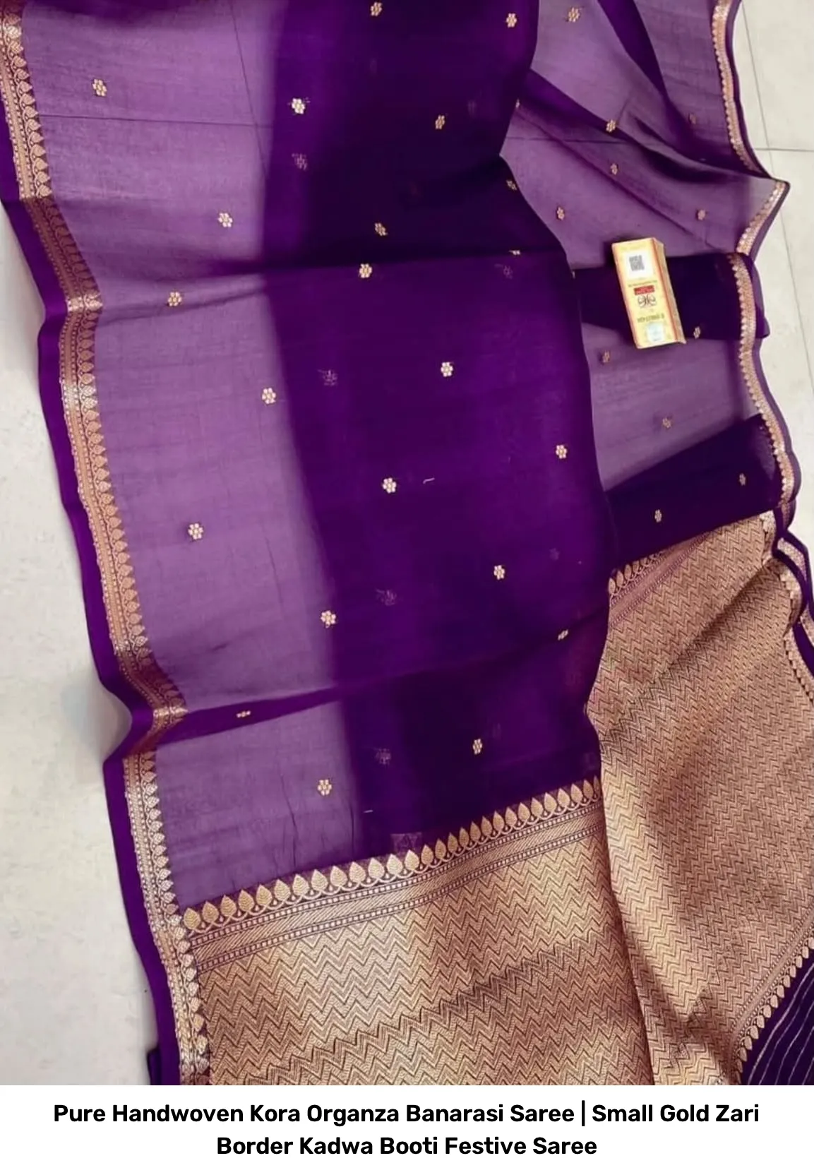 Pure Handwoven Kora Organza Banarasi Saree | Small Gold Zari Border Kadwa Booti Festive Saree 9