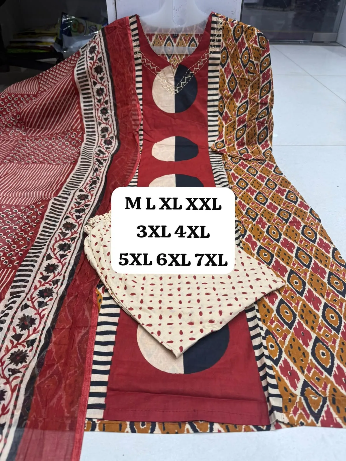 Pure Jaipuri Cotton 60/60 Cambric Kurti Pant Dupatta Set | Plus Size 3 Piece Ethnic Suit Set (M to 7XL)