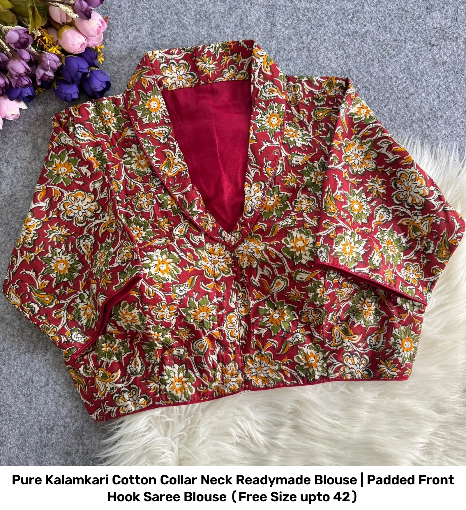 Pure Kalamkari Cotton Collar Neck Readymade Blouse | Padded Front Hook Saree Blouse (Free Size upto 42) 11