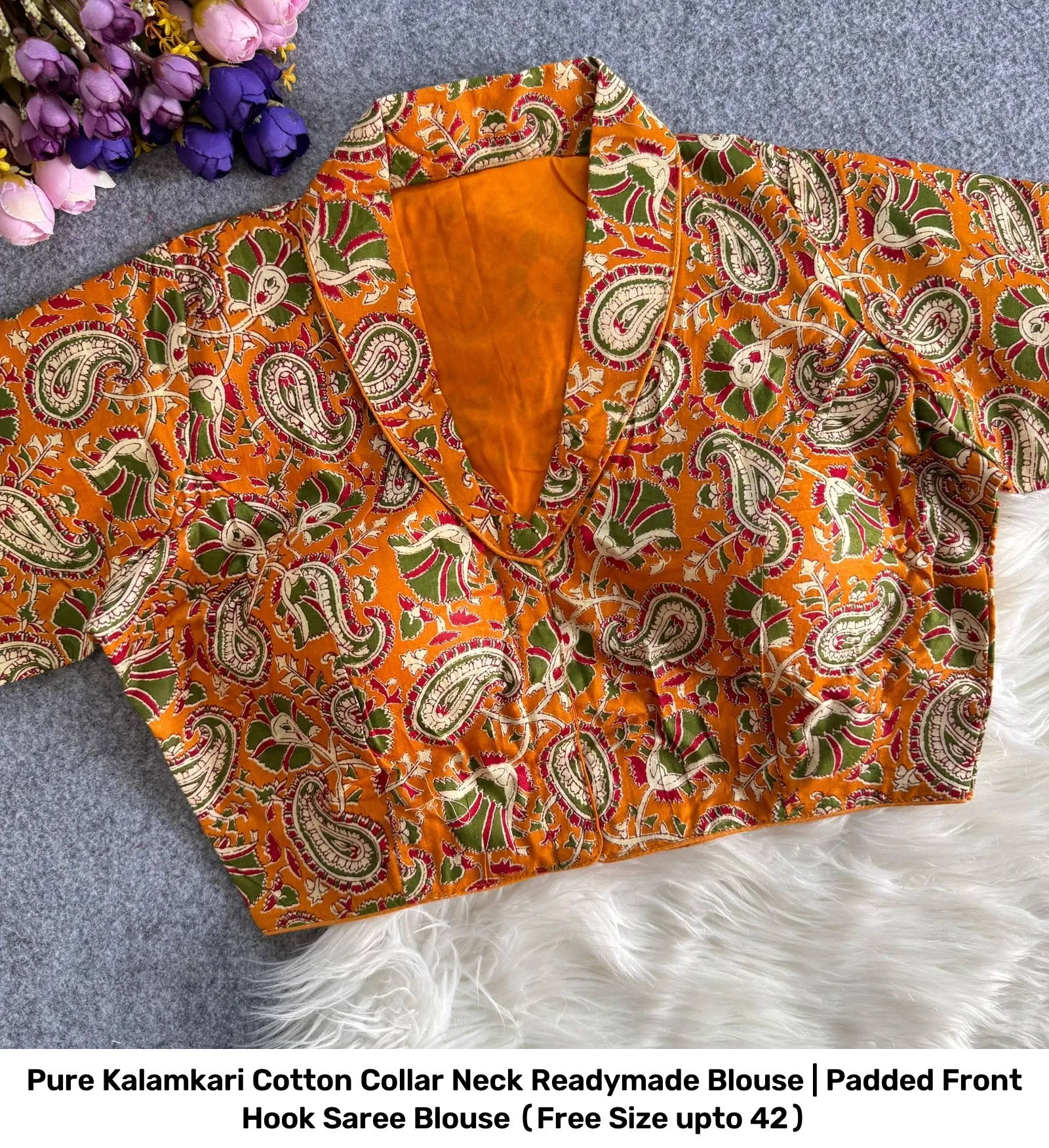 Pure Kalamkari Cotton Collar Neck Readymade Blouse | Padded Front Hook Saree Blouse (Free Size upto 42) 12